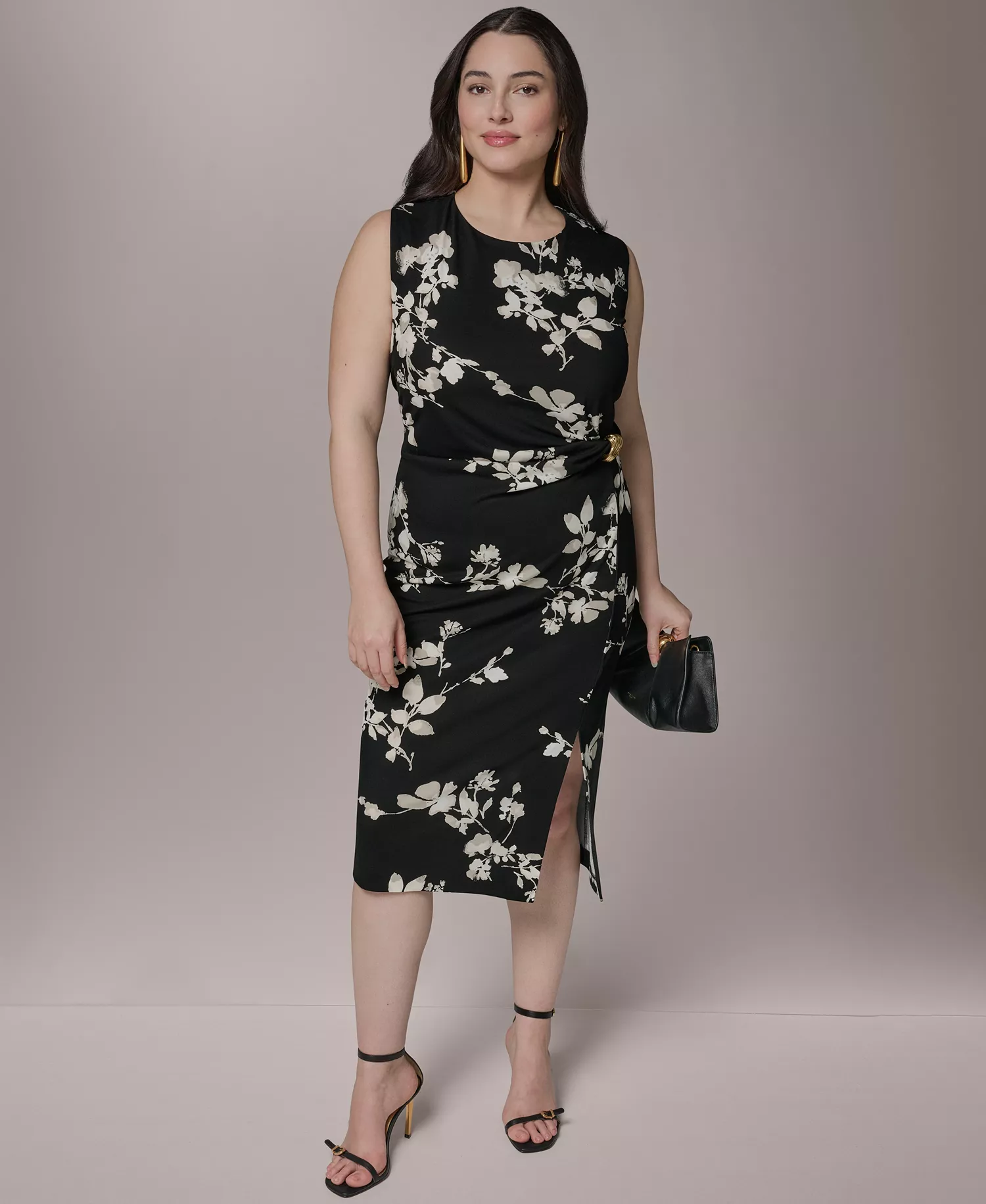 Plus Size Sleeveless Side Ring Sheath Dress - Black Multi - 14W