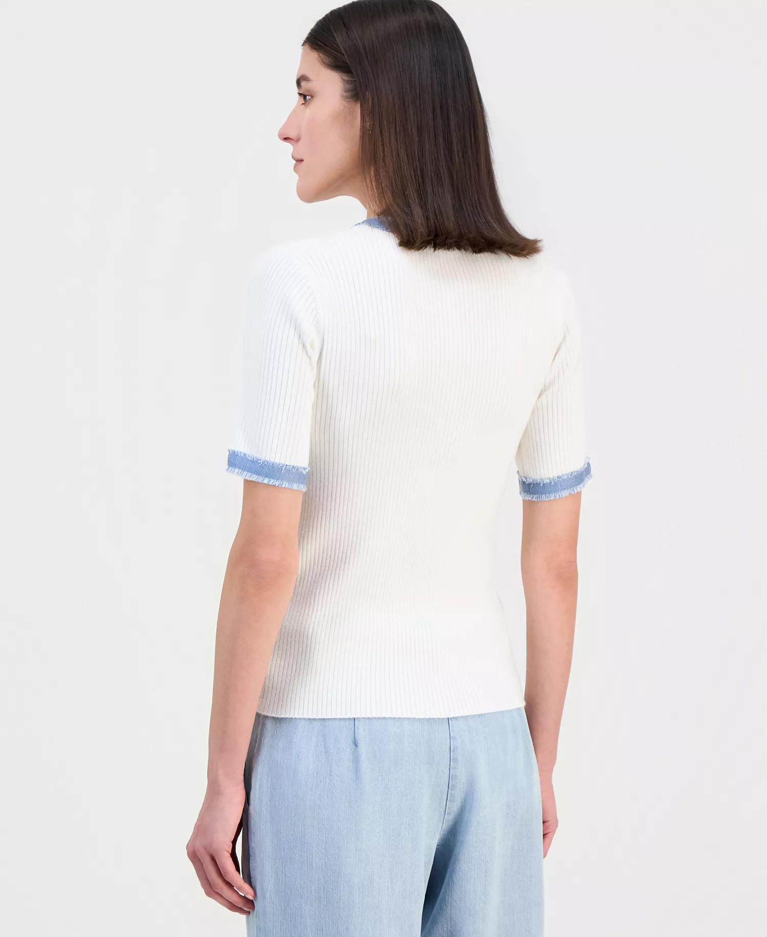 Women's Denim-Trim Ribbed Short-Sleeve Top - White With Denim - L