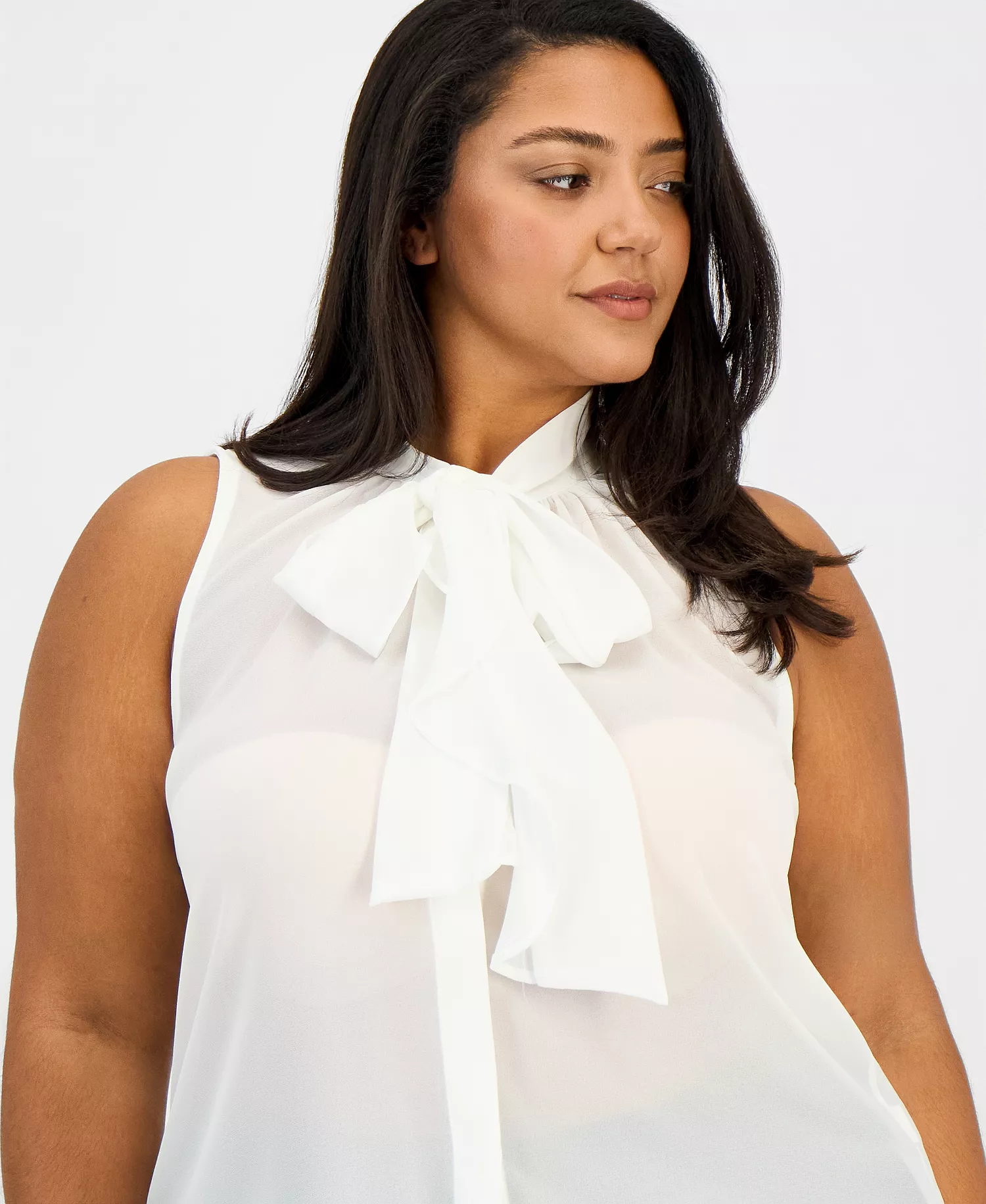 Plus Size Sleeveless Ruffled Bow Blouse - Ivory - 1X