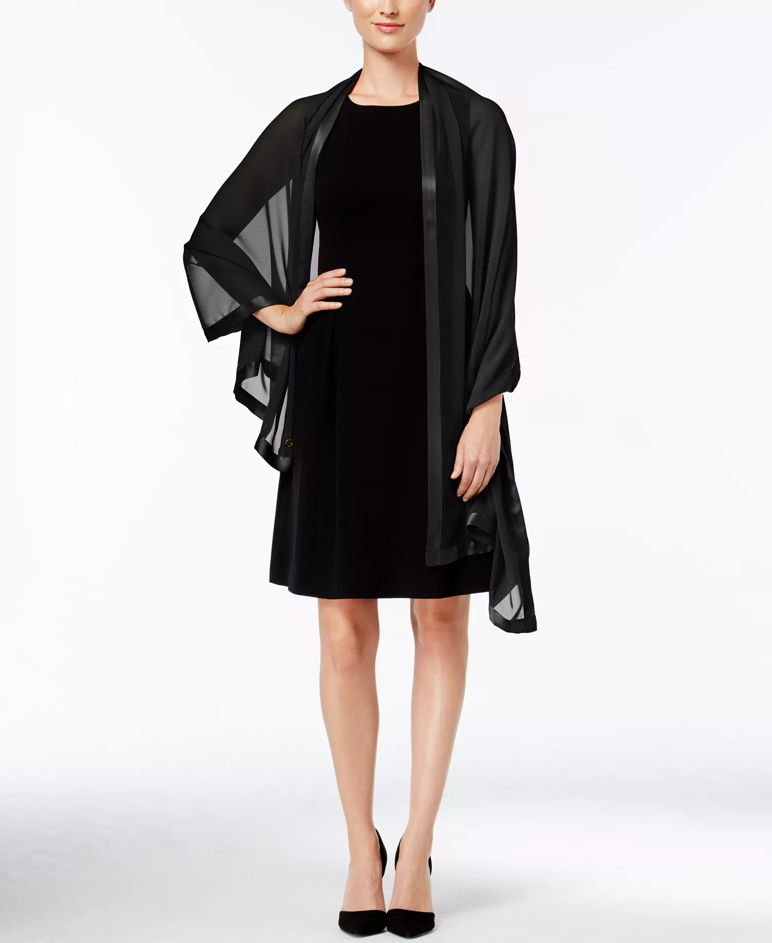 Elegant Satin-Trim Chiffon Evening Wrap - Black - ONE SIZE