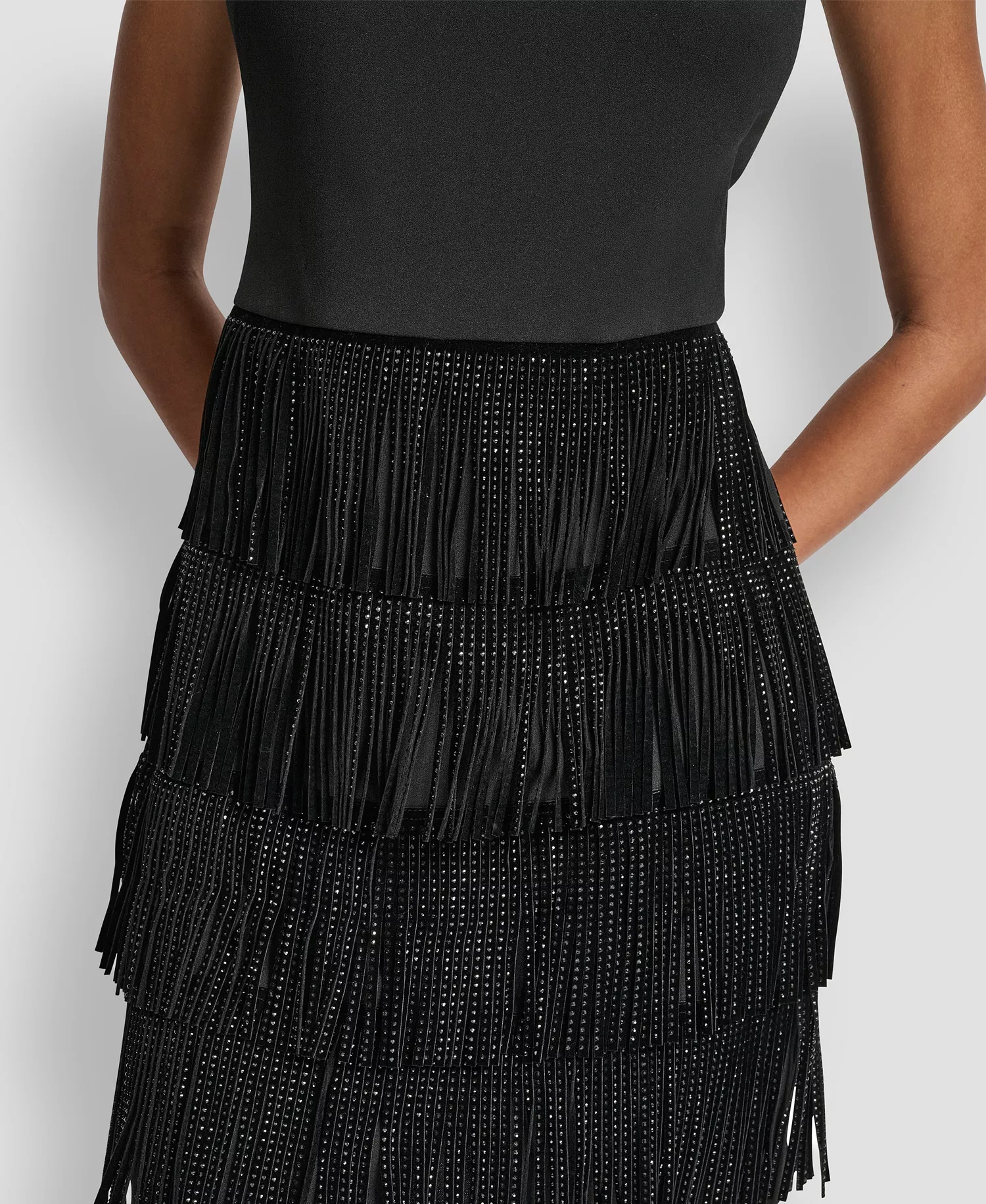 Women's Sleeveless Tiered Studded Fringe Shift Dress - Black - 10