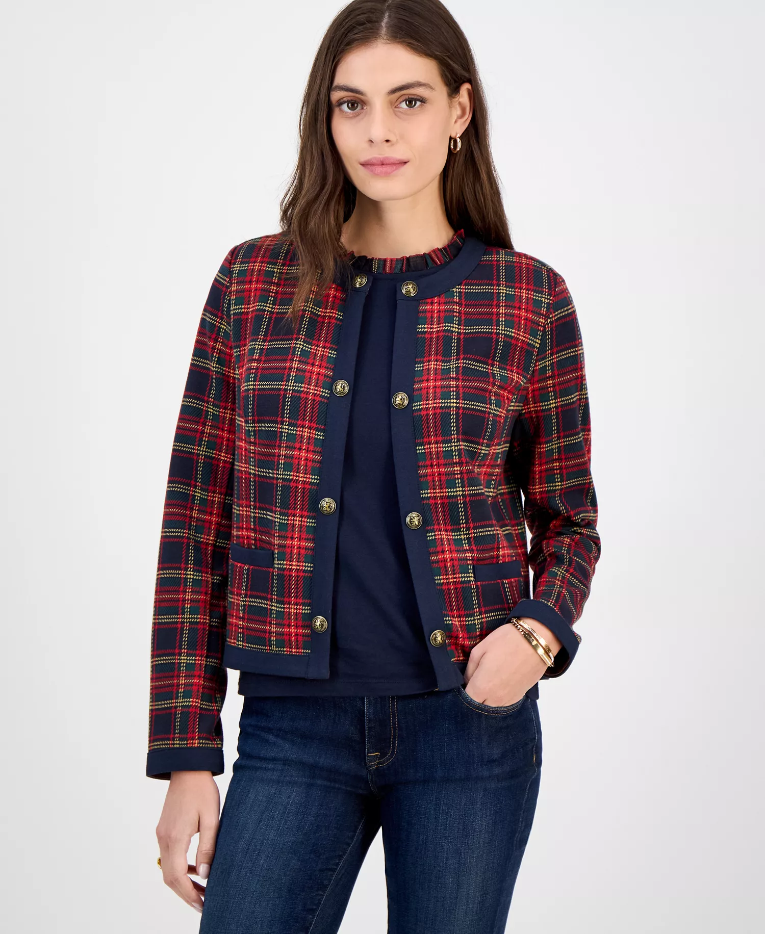 Women's Plaid Open-Front Jacket - Sky Captain Multi - XS