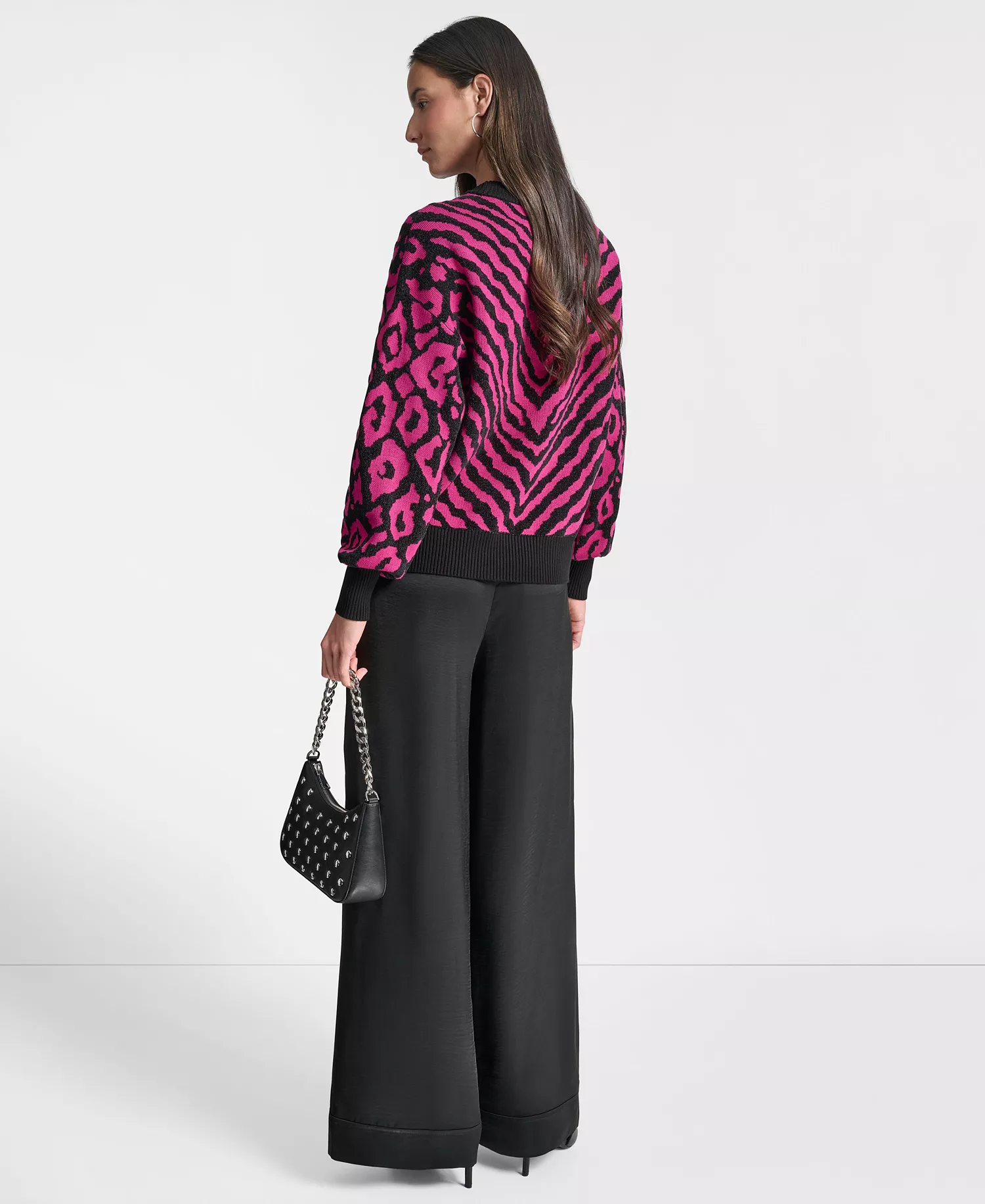 Women's Long-Sleeve Animal-Flocked Sweater - Fuchsia/black - L