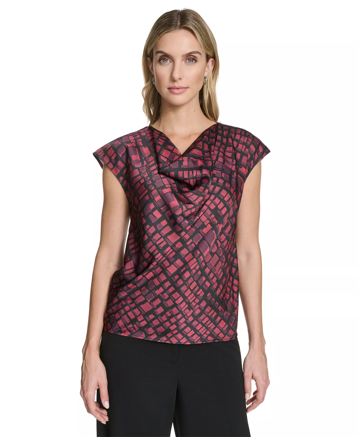 Women's Short Sleeve Cowl Neck Pull-On Blouse - Cranberry Multi - L
