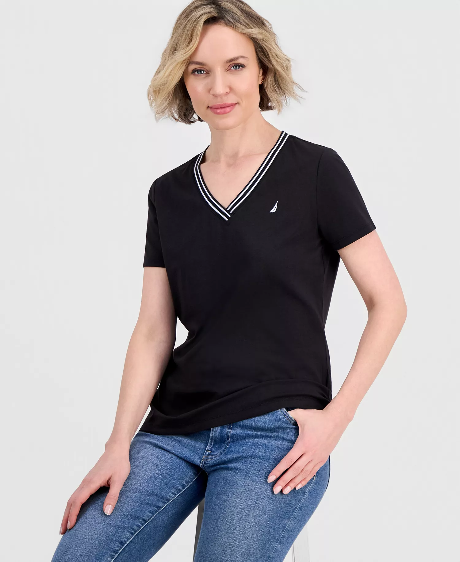 Women's Solid Stripe-Trim V-Neck - Black - L
