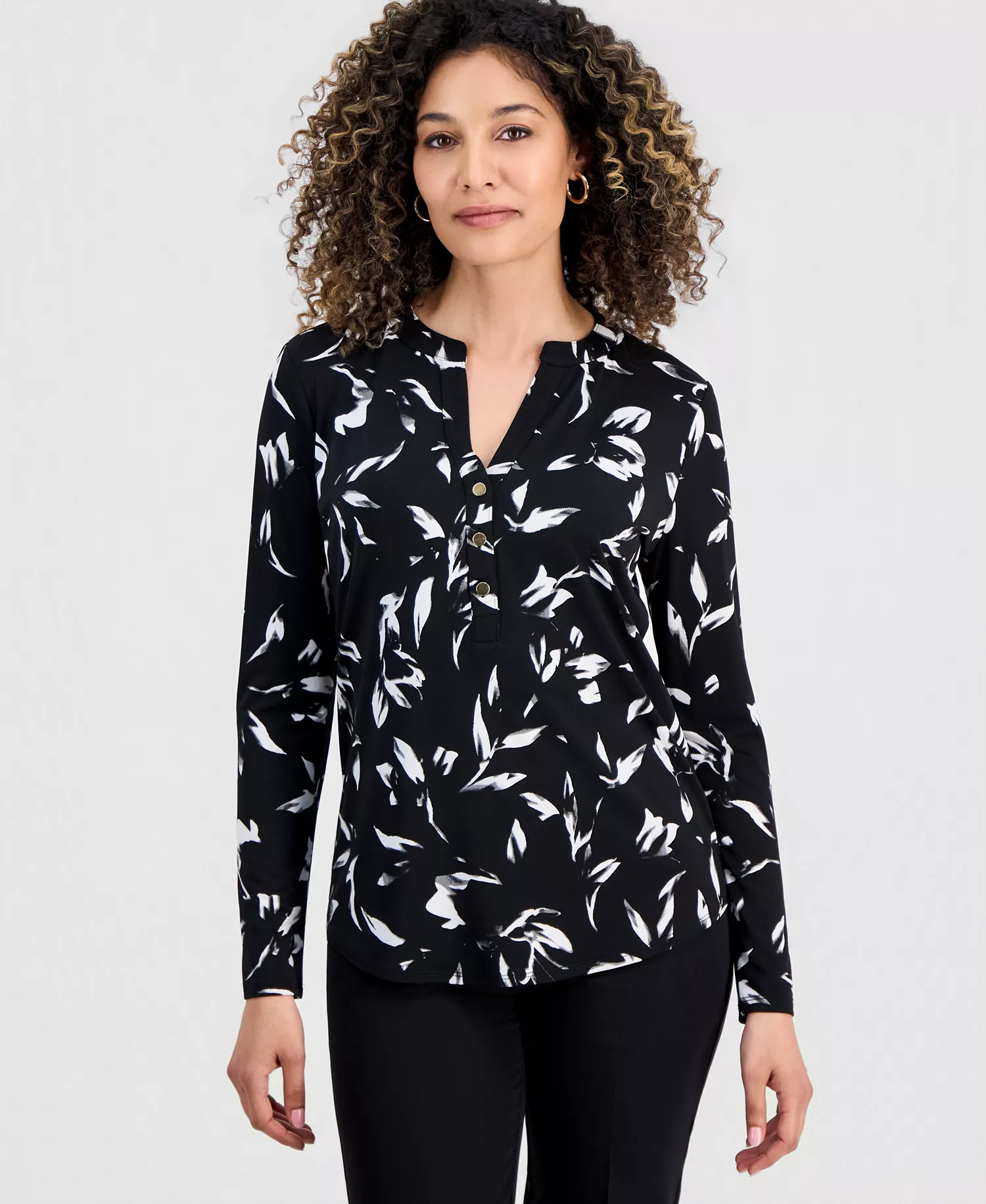 Petite Printed Button-Front Knit Top, Created for Macy's - Lora Garden - P/L