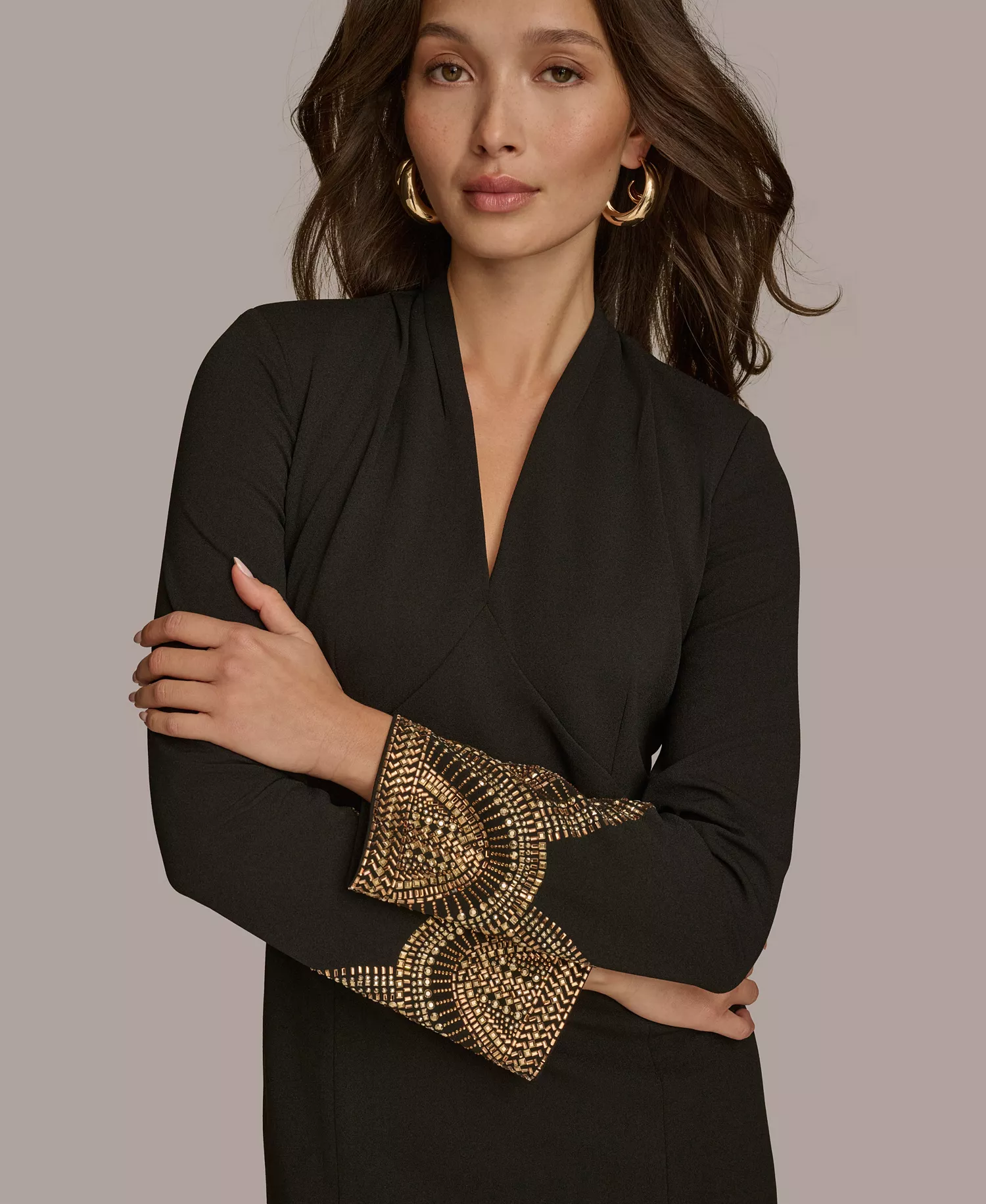 Women's Long-Sleeve V-Neck Hot Fix Sheath Midi Dress - Black/Gold - 10