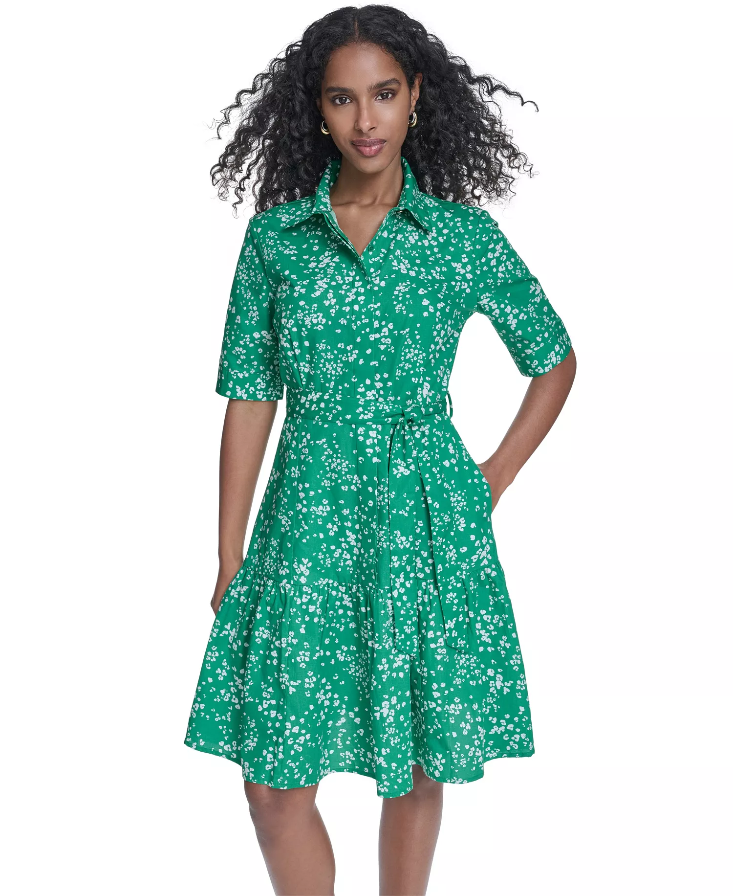 Women's Short-Sleeve Tiered Shirt Dress - Fern Cream - 10