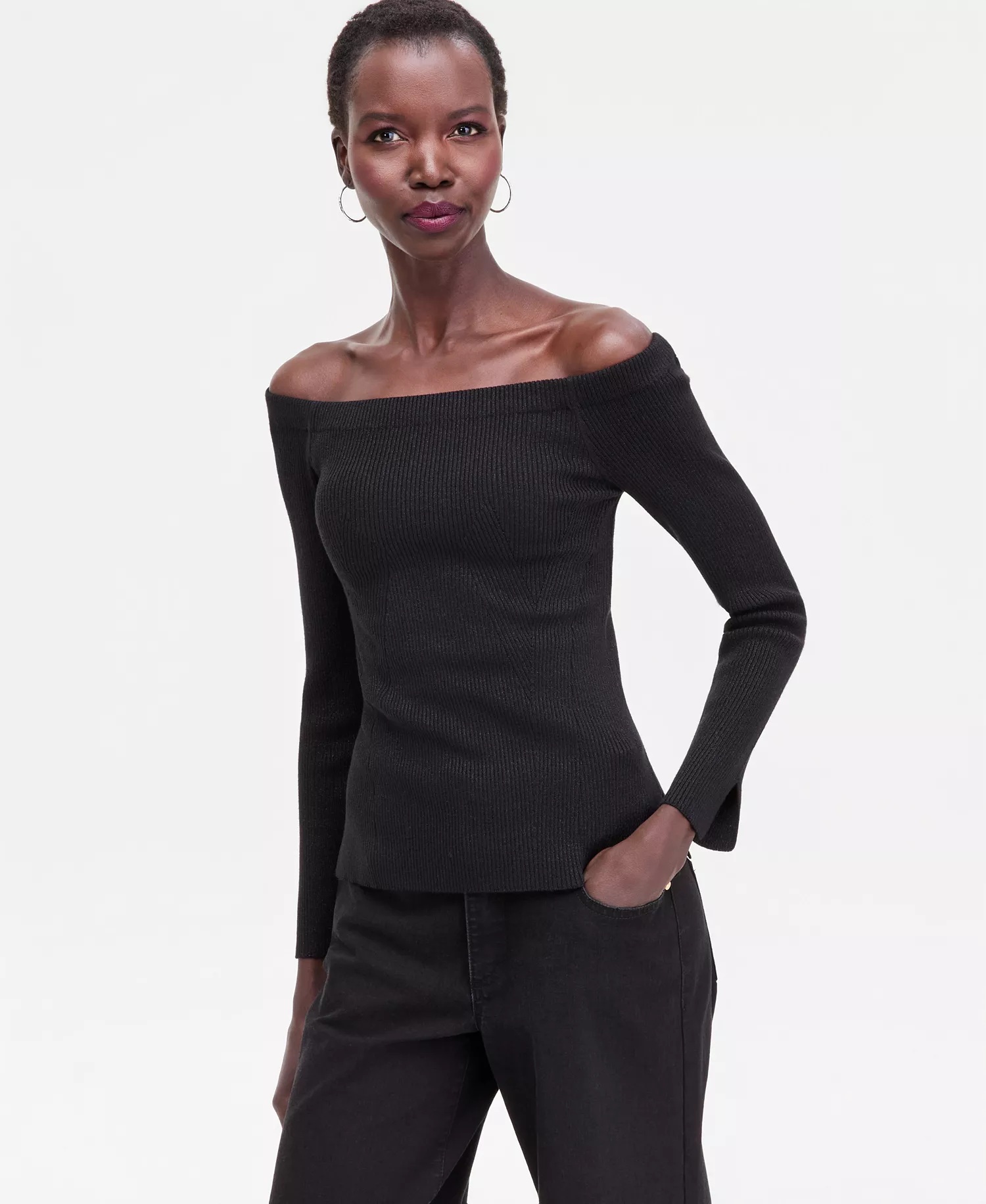 Women's Shimmer-Knit Boat-Neck Sweater, Macy's Exclusive - Deep Black Lurex - L