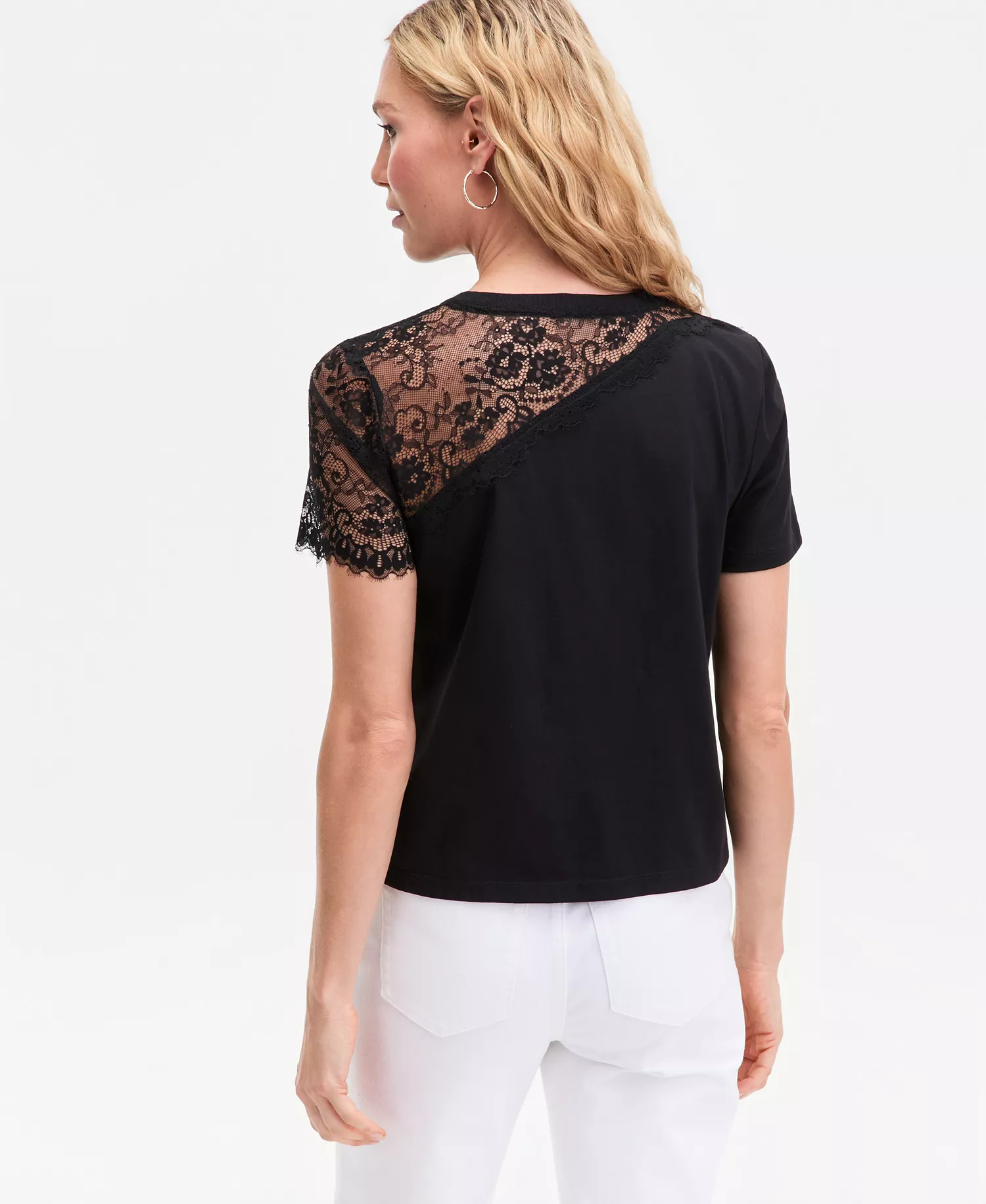 Women's Lace-Shoulder T-Shirt, Macy's Exclusive  - Deep Black - L