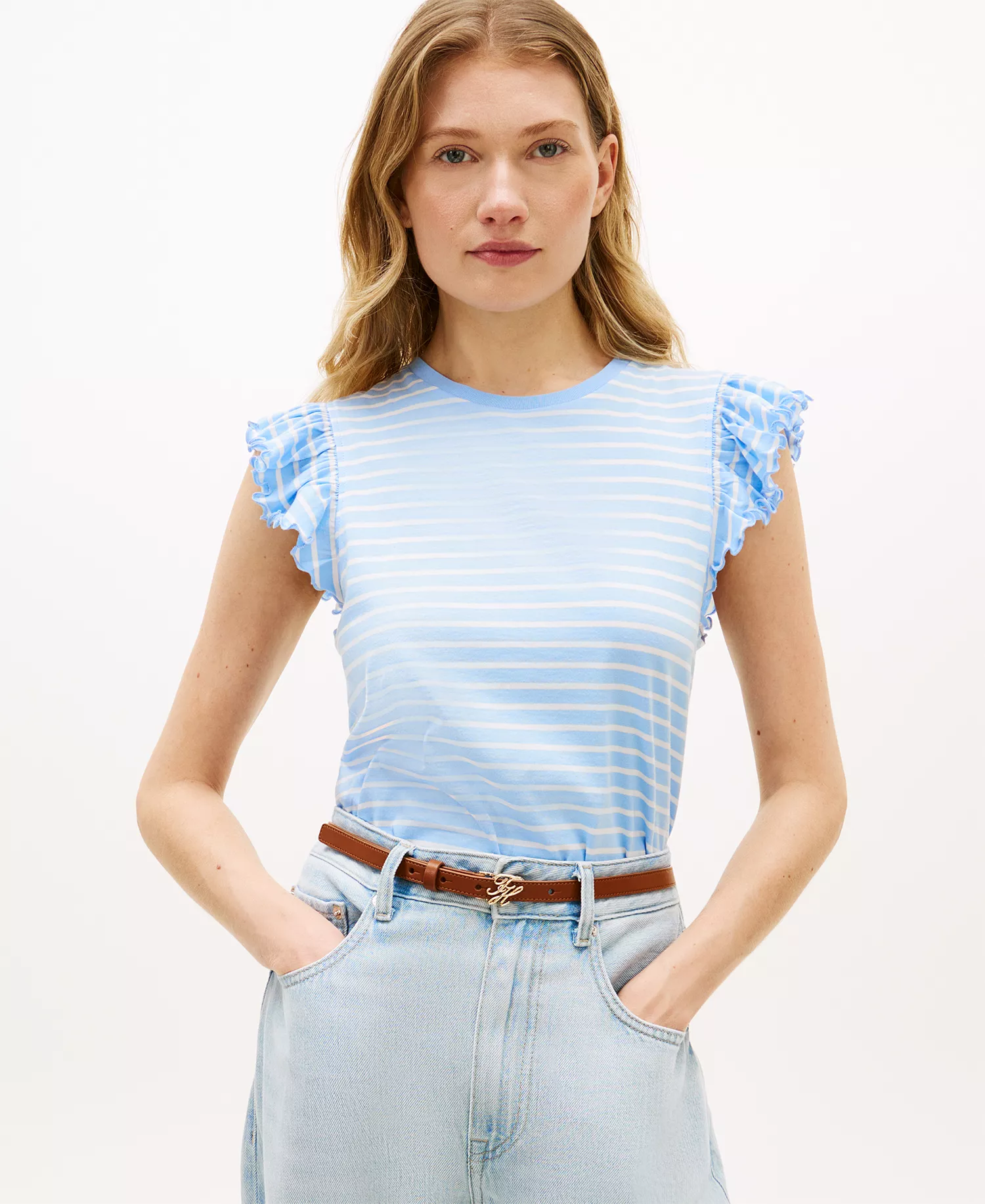 Women's Frill-Sleeve Crew Neck Top - Blue - L