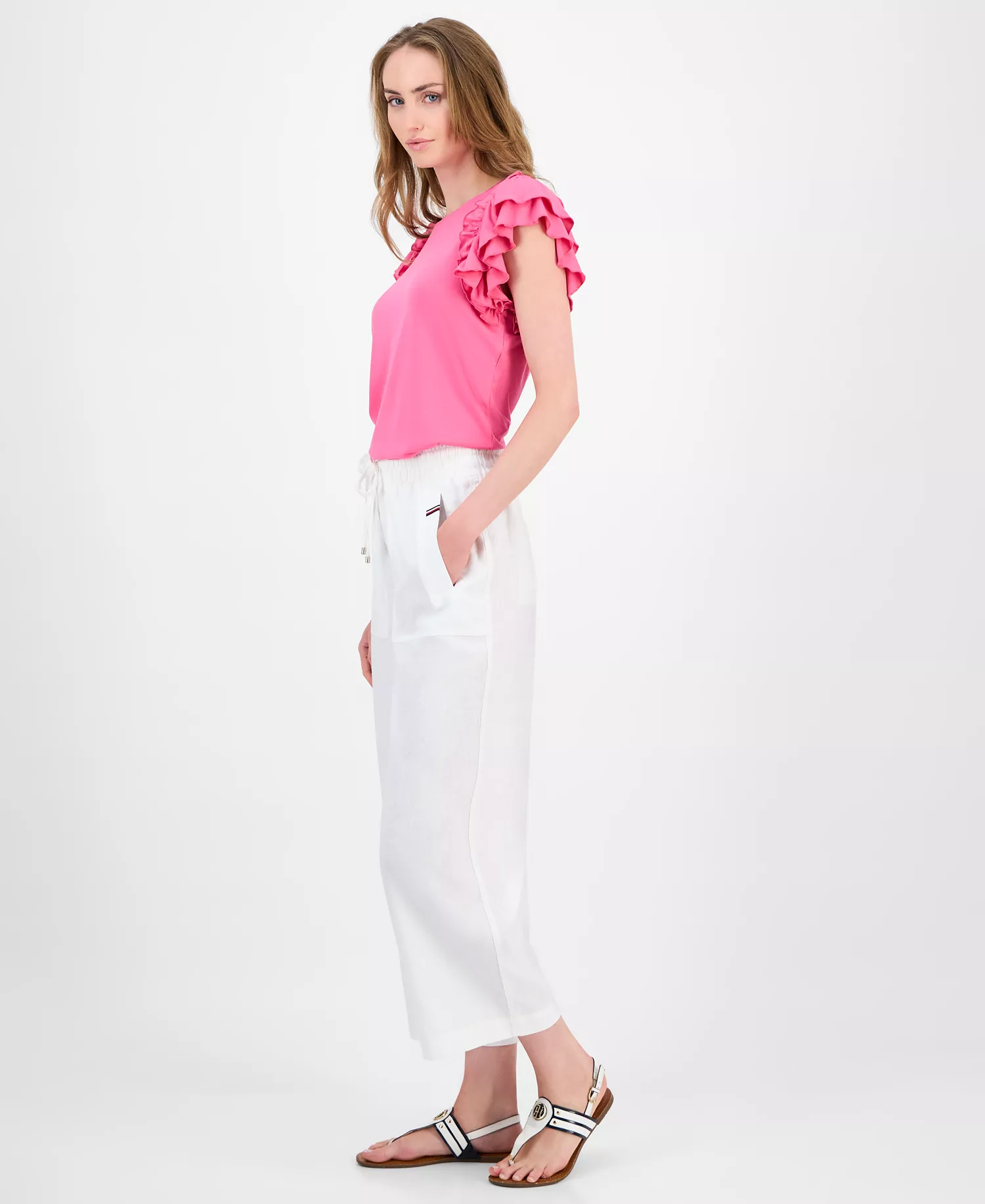 Women's Drawstring-Waist Pull-On Linen Pants - Bright White - L