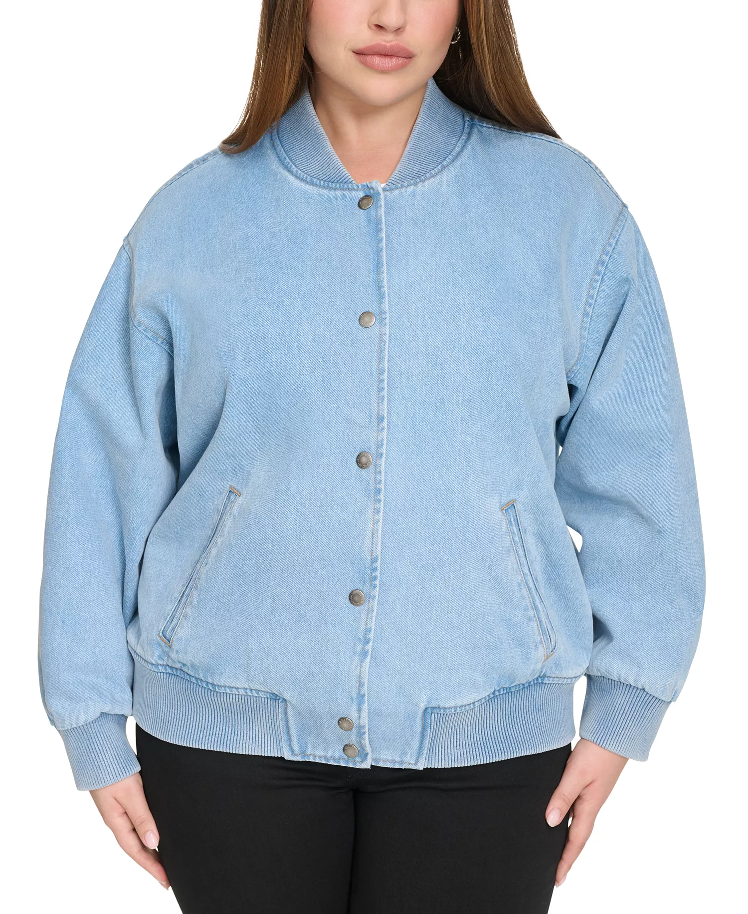 Plus Size Varsity Cotton Denim Bomber Jacket - Light Wash Denim - 1X
