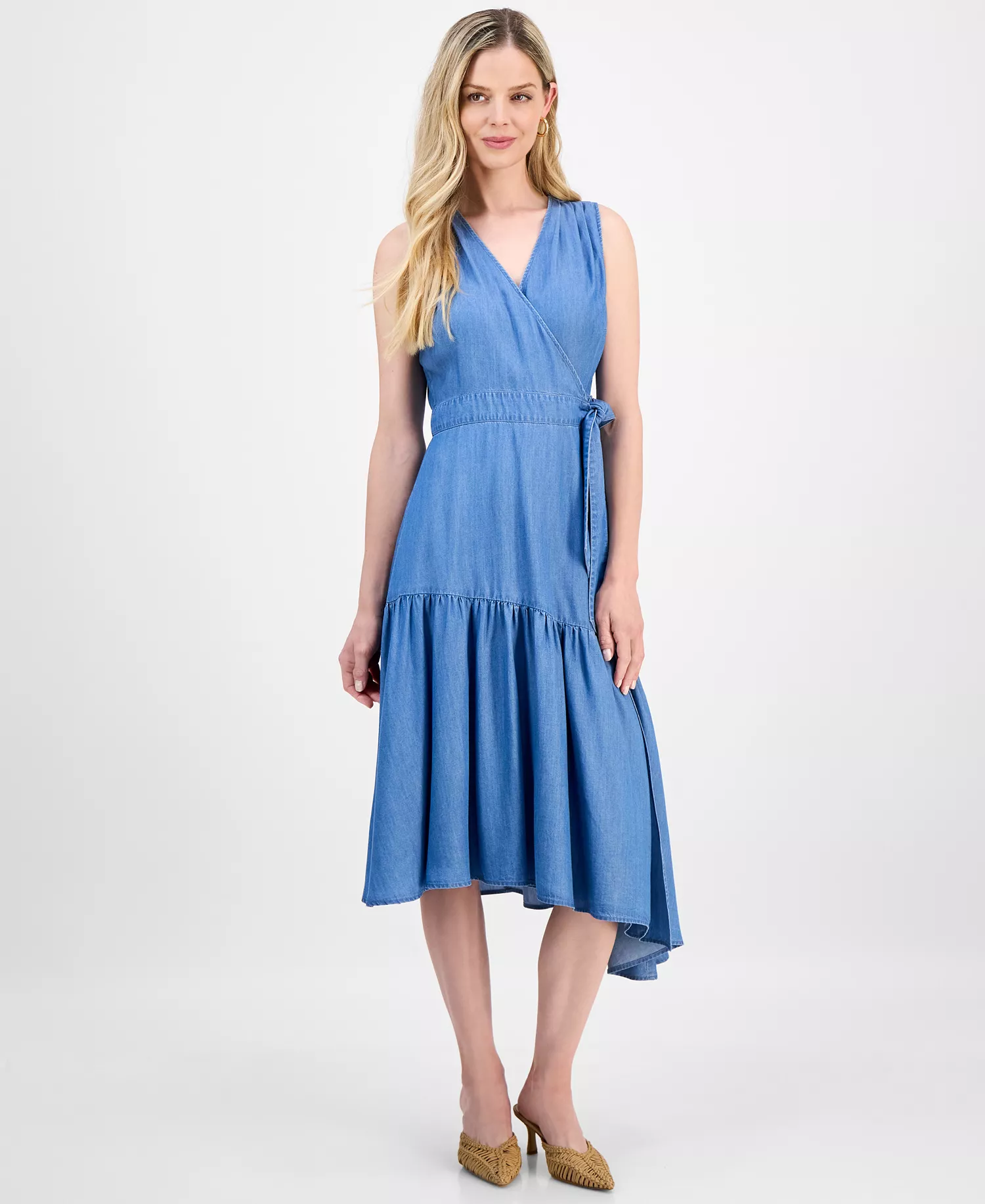 Women's Surplice Asymmetrical Tiered Sleeveless Wrap Dress, Macy's Exclusive - Medium Indigo - L
