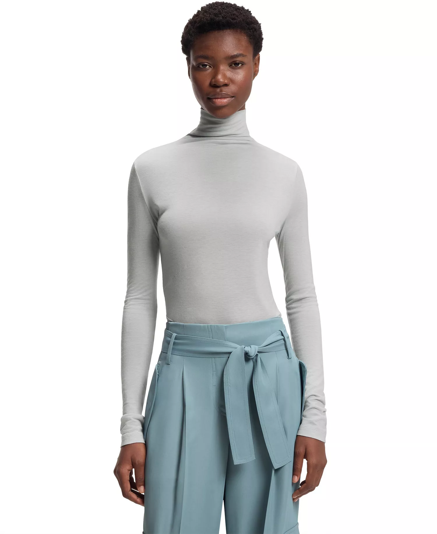 BOSS by Women's High-Neck Top In Soft Jersey - Silver - L