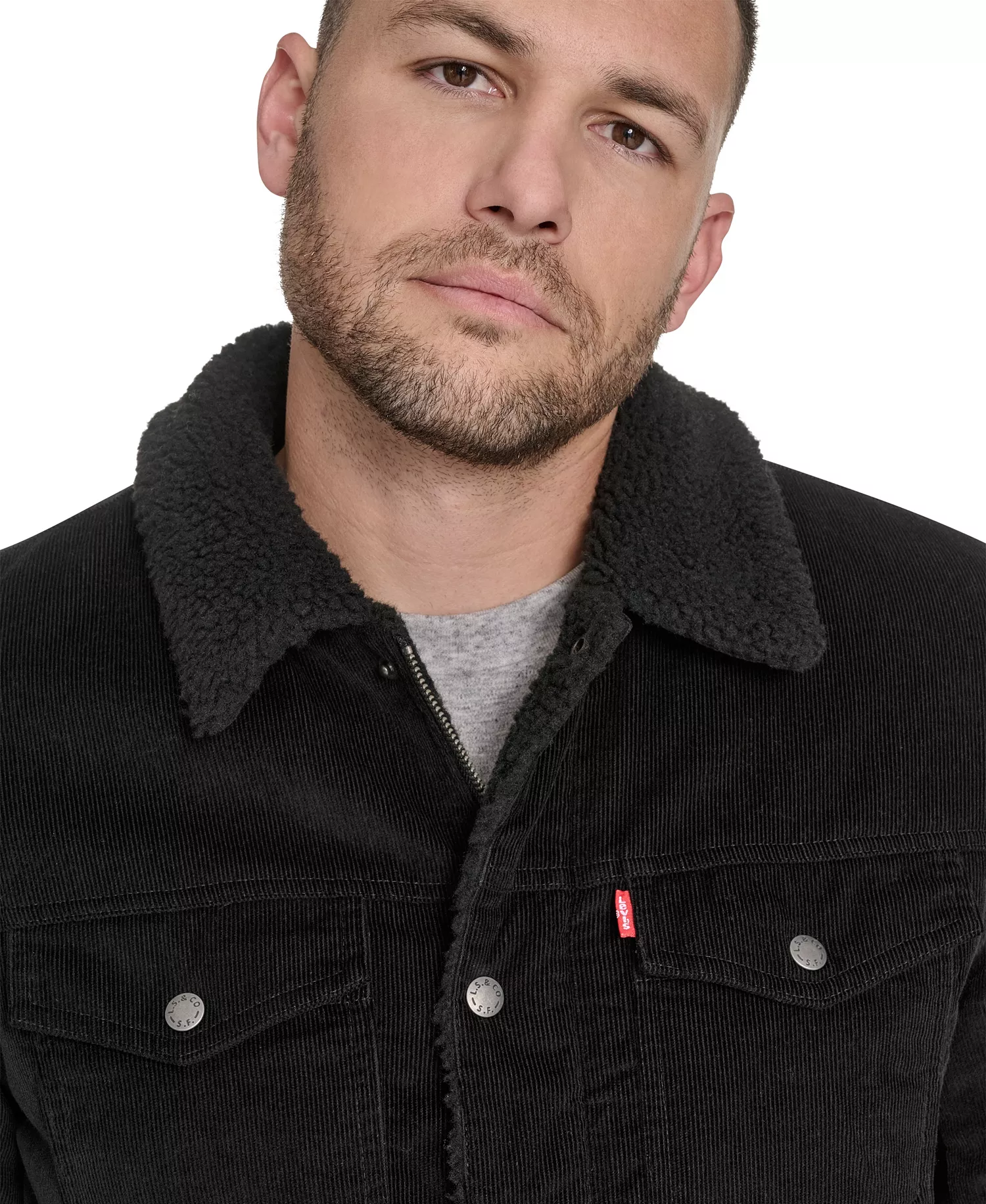 Men's Corduroy Trucker with Sherpa Collar Jacket - Black - L