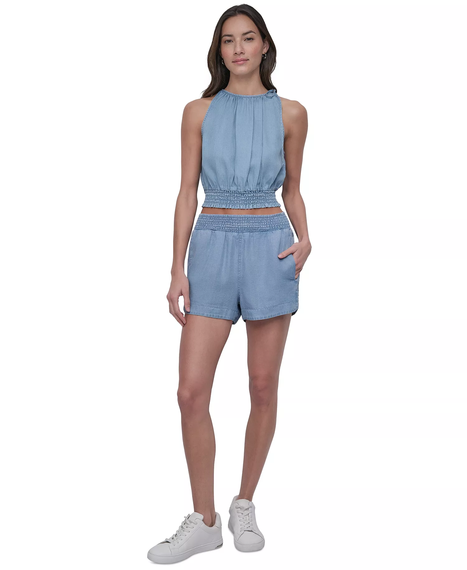 Women's Chambray High Rise Dolphin-Hem Shorts - FJZ - CHAMBRAY - L