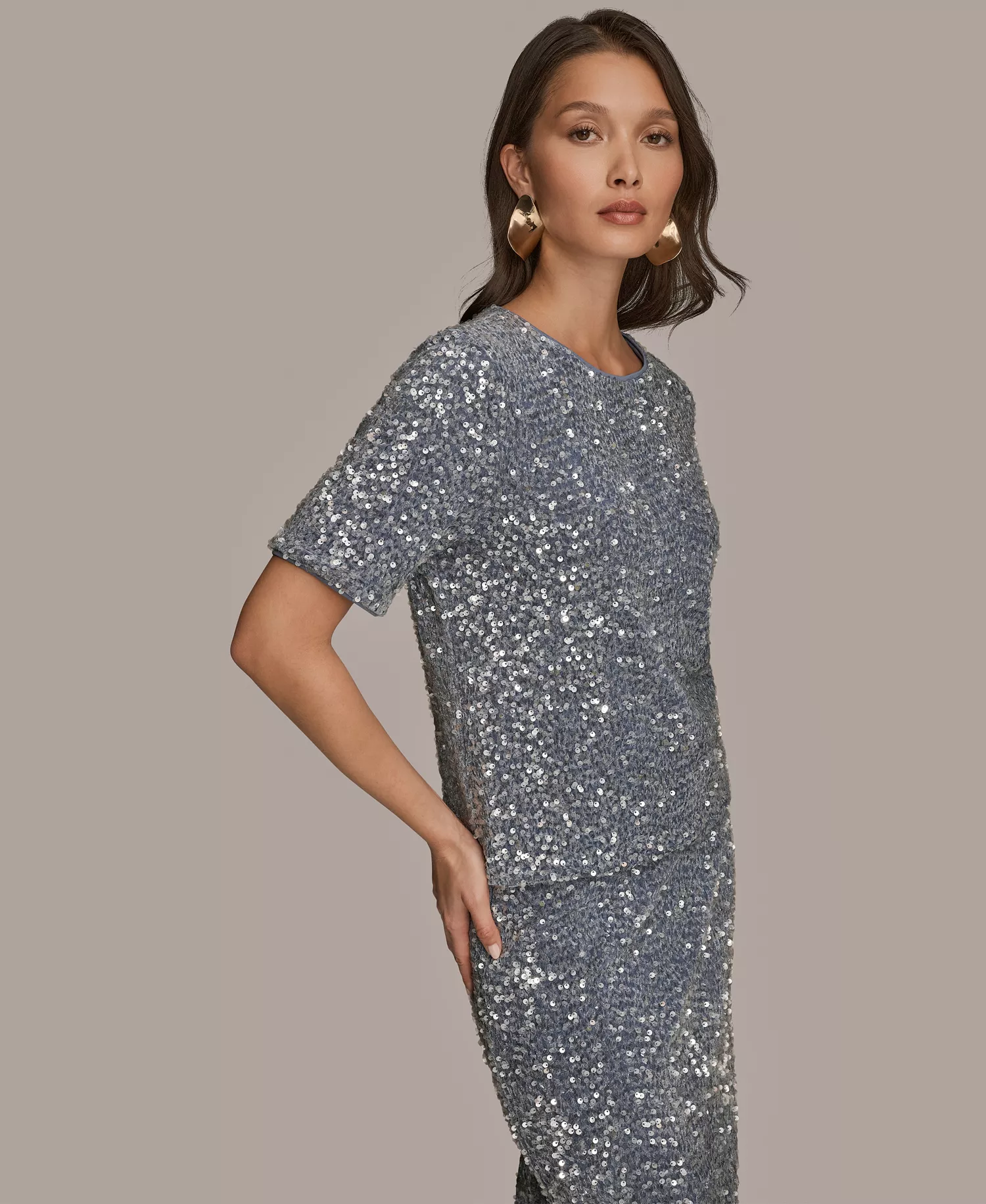 Women's Embellished Sequin Short Sleeve Crewneck Top - Tempest - L