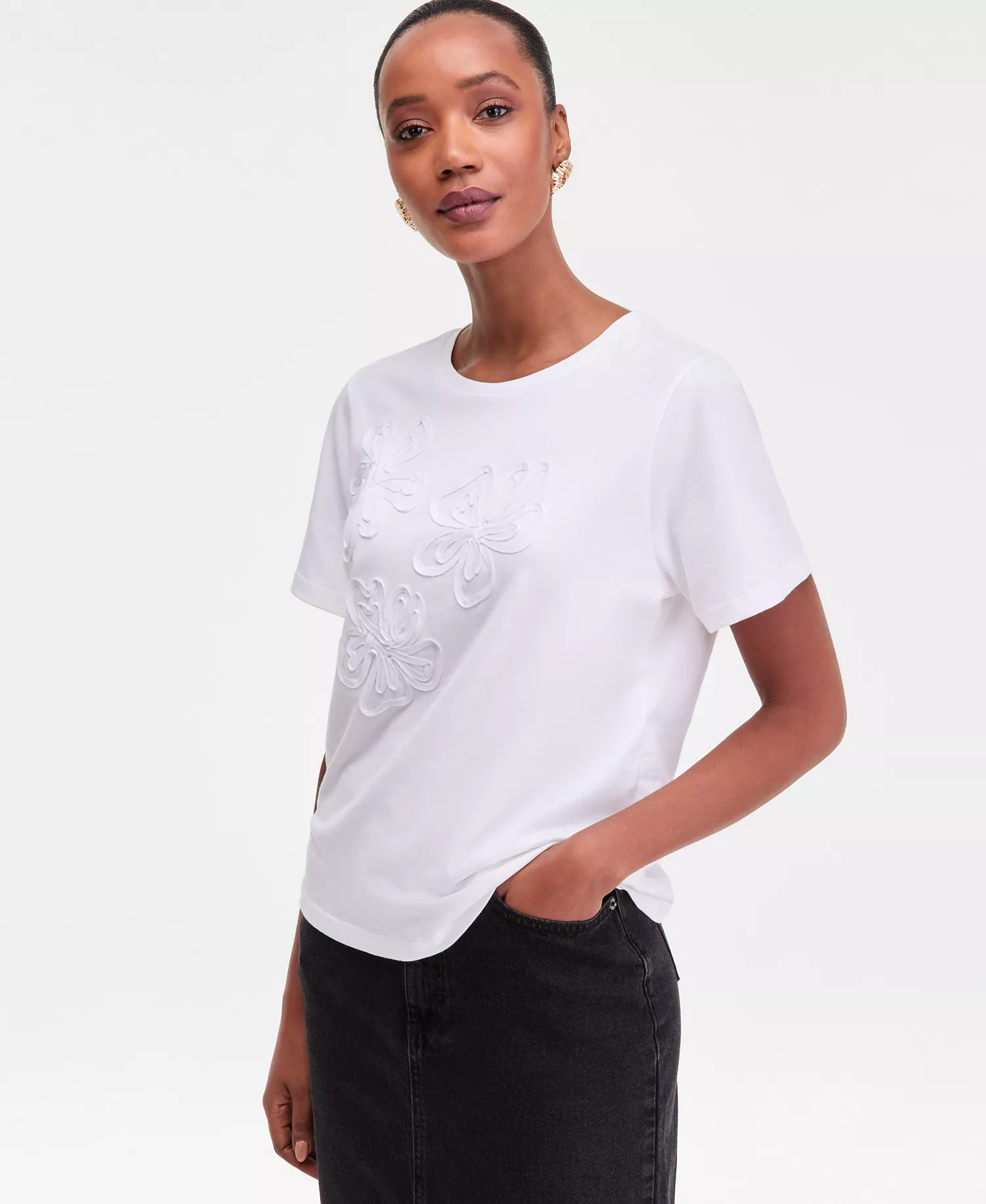 Women's Short Sleeve Floral Embroidered T-Shirt, Macy's Exclusive - Bright White - L