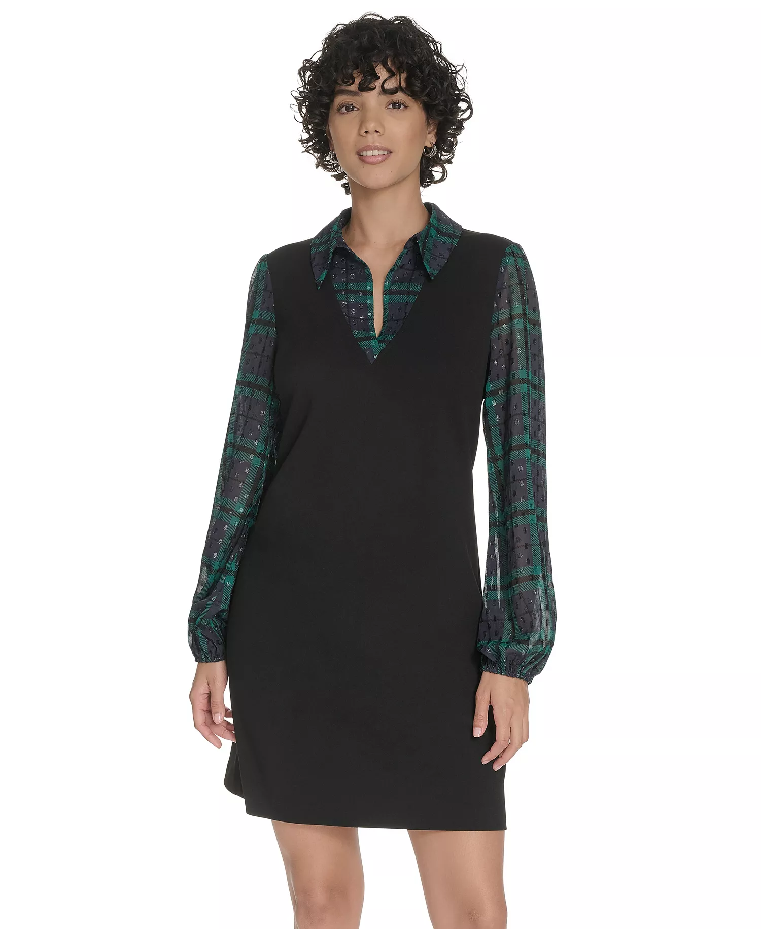 Petite Crepe Long Sleeve Dress - Black/Midnight/Green - 0P