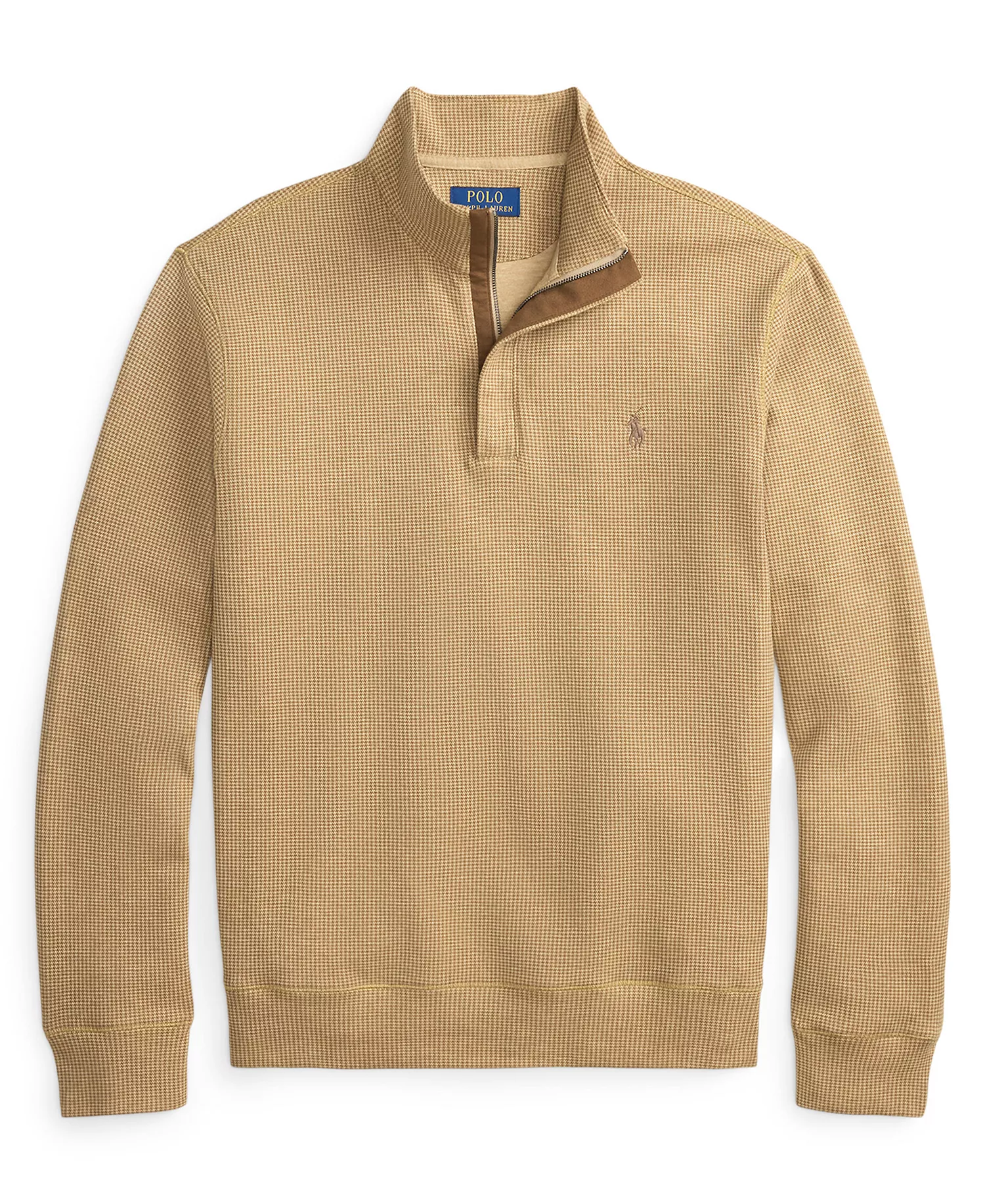 Men's Luxury Jersey Quarter-Zip Pull-On Sweater - Camel/Puppytooth - 2XL