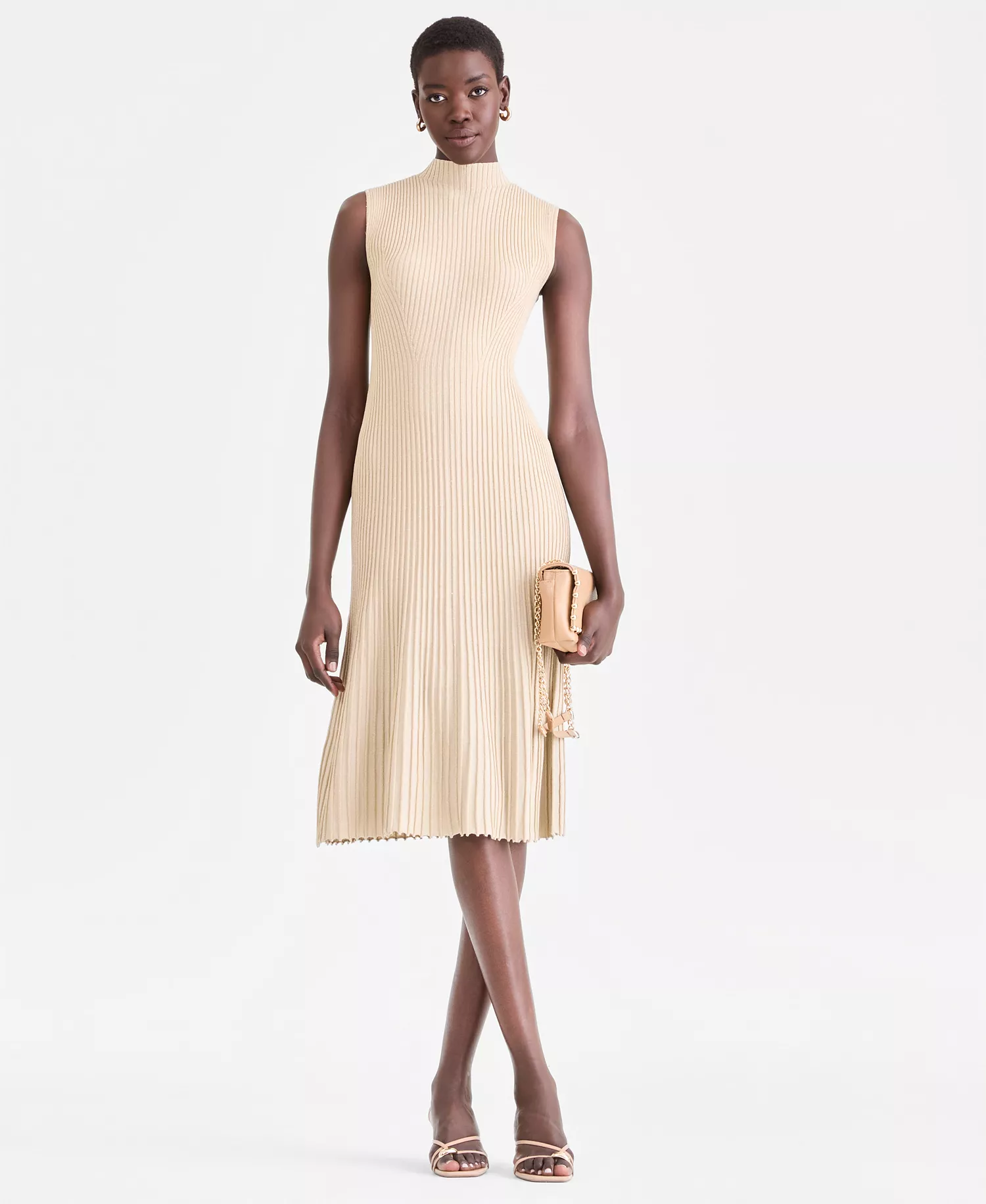 Women's Sleeveless Metallic Rib-Knit Sweater Dress, Exclusively at Macy's - Grain/Gold - L