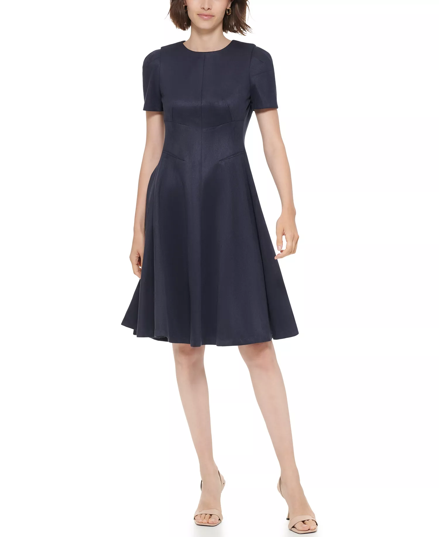 Petite Short-Sleeve Scuba Suede Dress - Navy - 0P