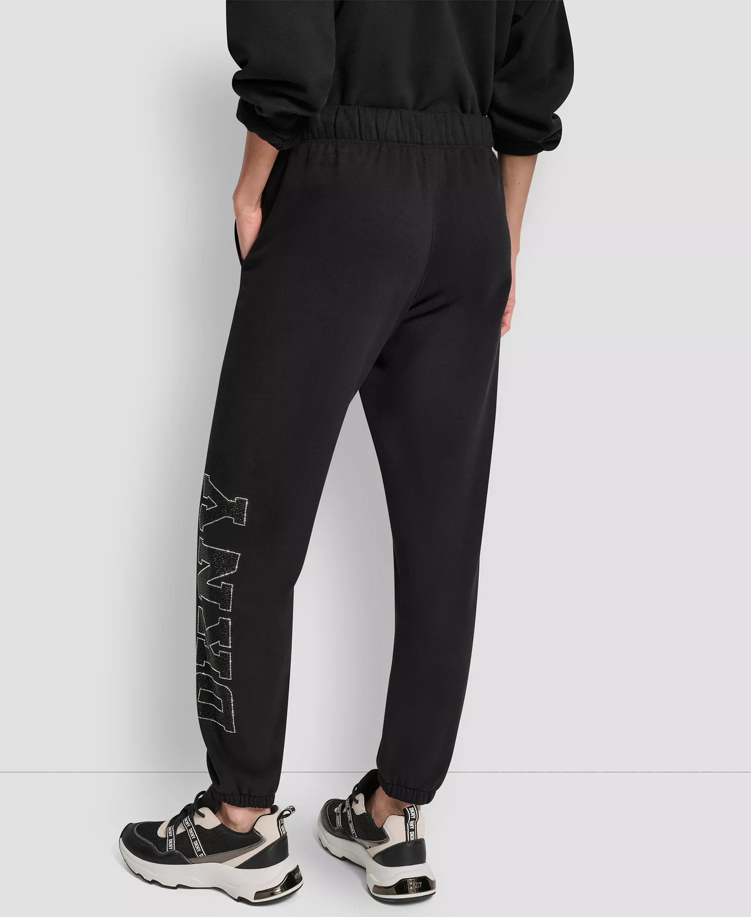 Women's Exploded Rhinestone Varsity Logo High Rise Relaxed Jogger - Black - L
