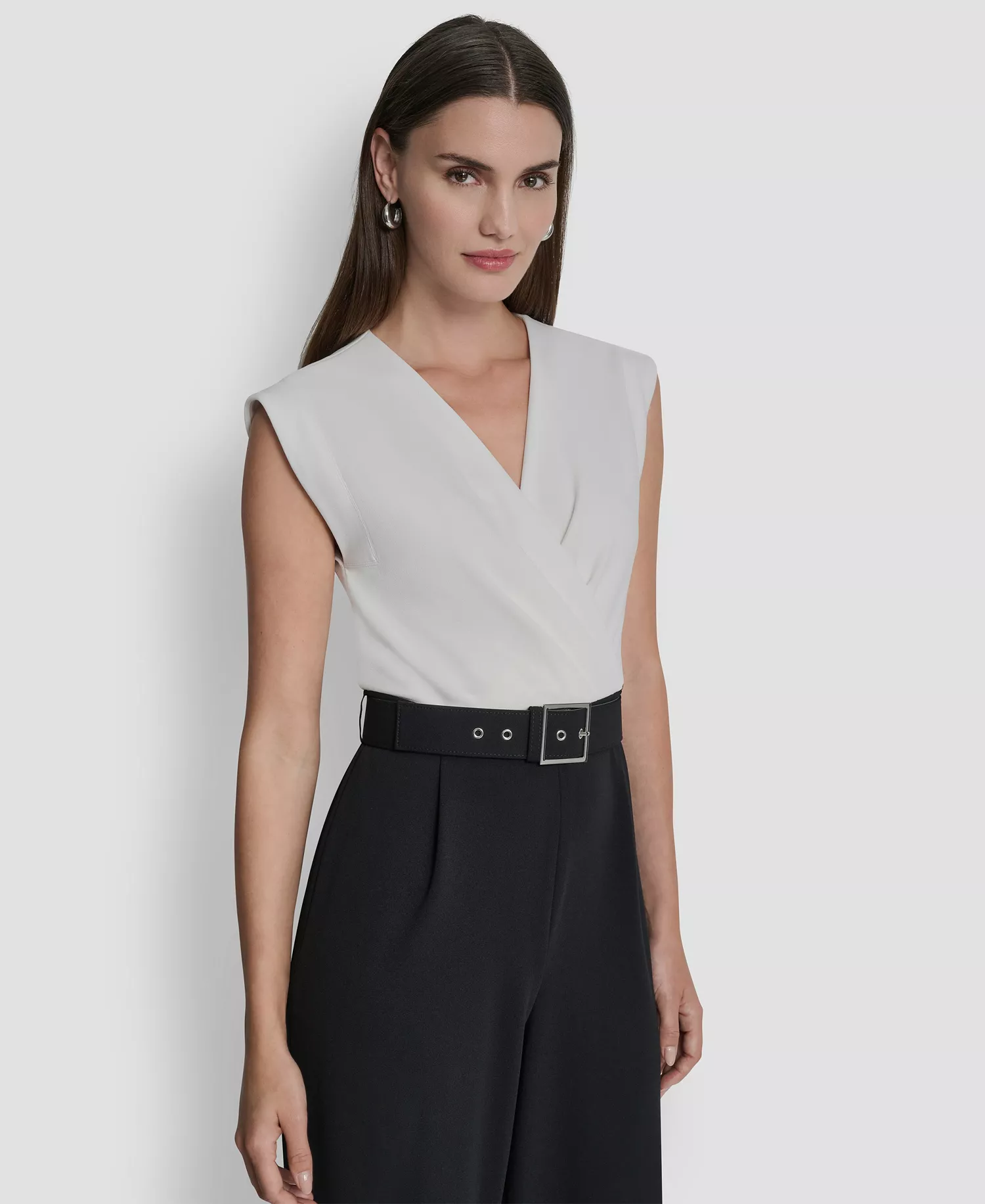 Women's Surplice Neck Straight Ankle Jumpsuit - Ivory/Black - 10