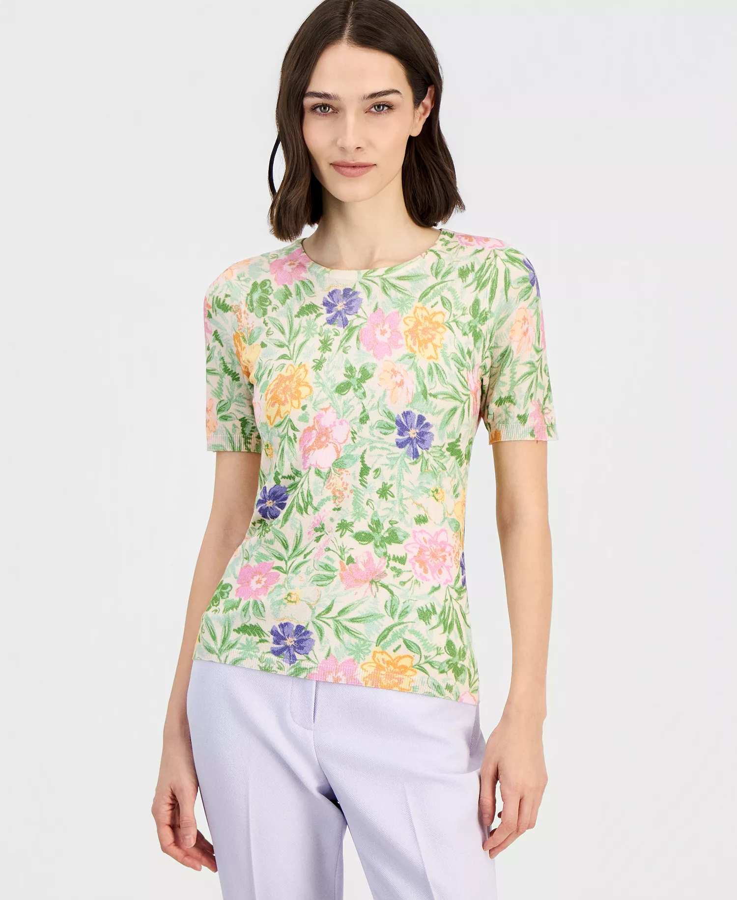 Petite Printed Short-Sleeve Crewneck Sweater - Nude/Moss - P/L