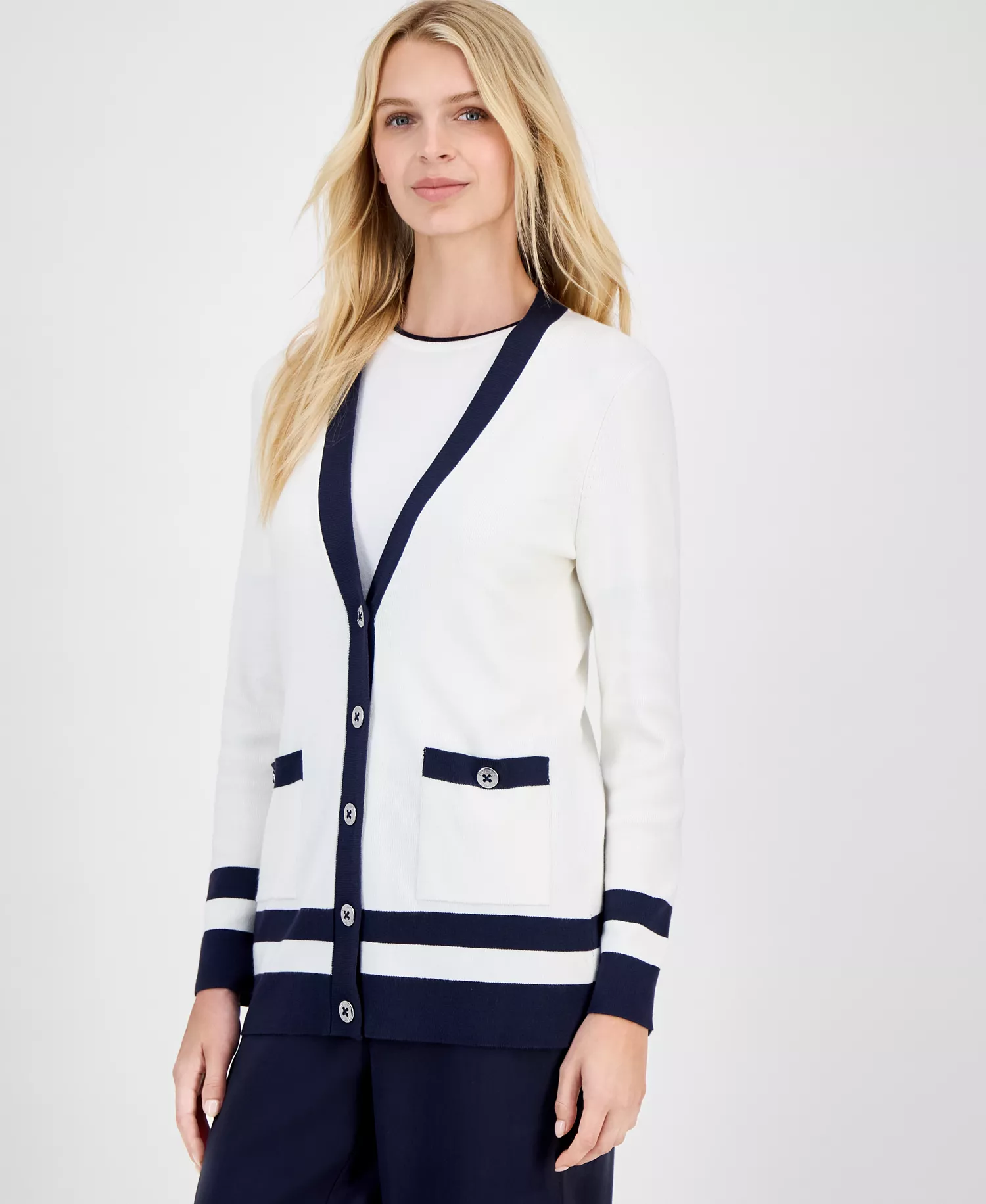 Nautica Women's Striped V-Neck Cardigan - Ivory/ Night Sky - L