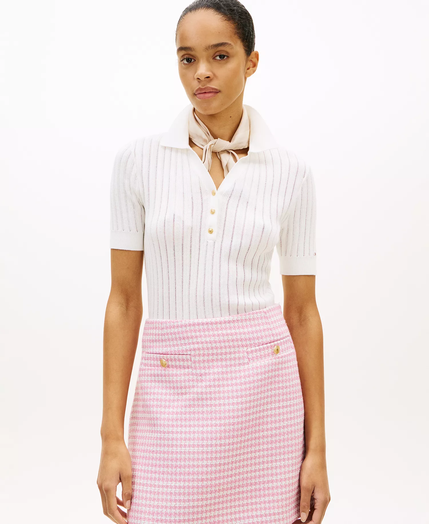 Women's Pointelle Rib Short-Sleeve Polo Sweater - Ecru - L