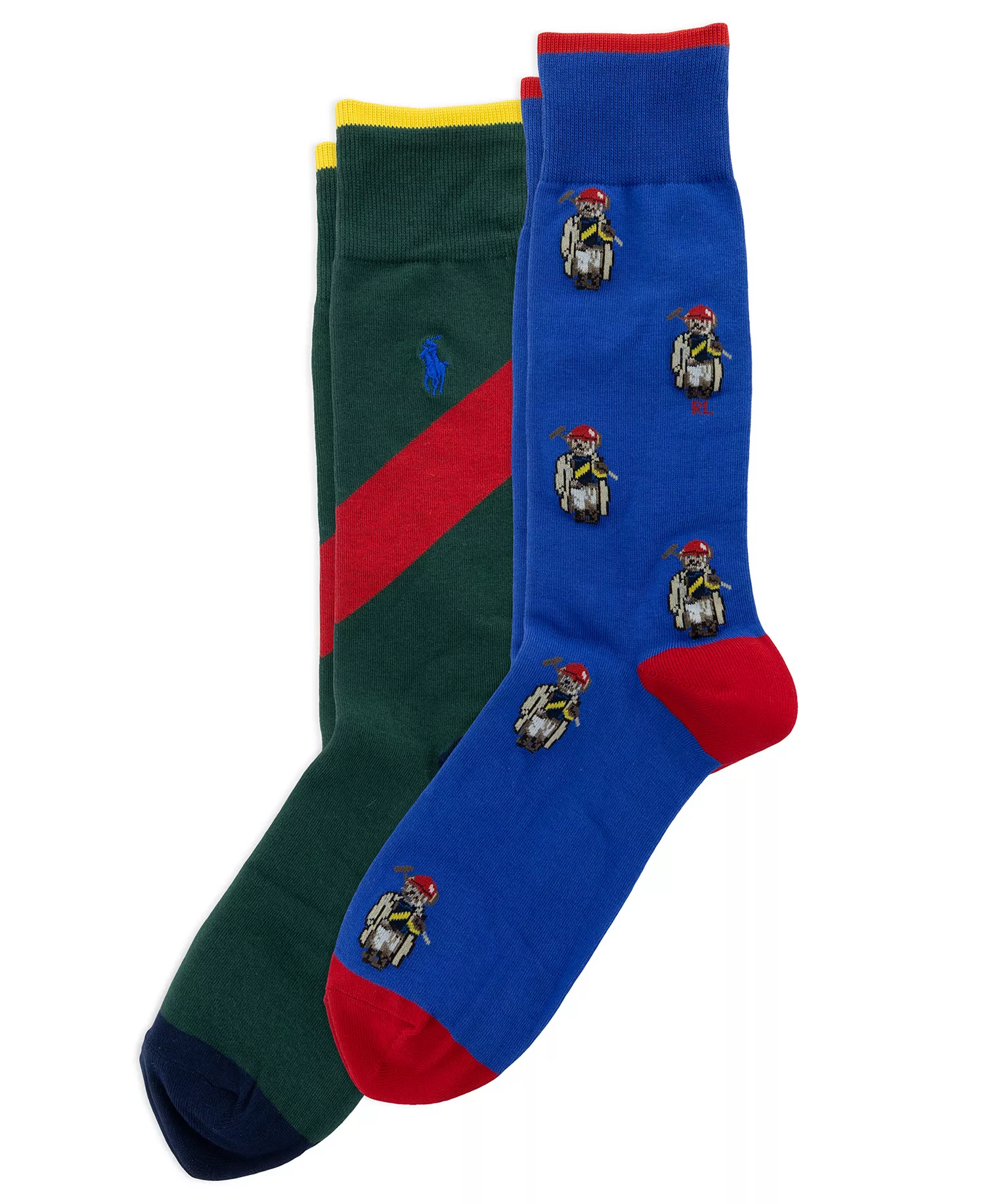 Men's Polo Society Mini Bear Crew Socks, 2-Pack - Royal/Green - 10-13