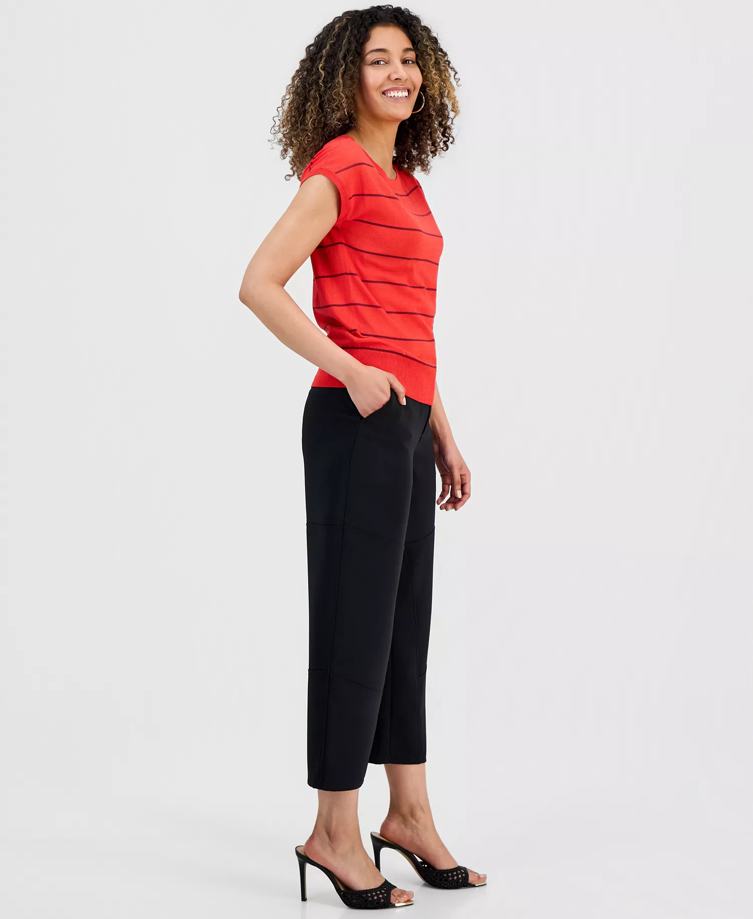 Petite High-Rise Barrel-Detail Pants, Macy's Exclusive - Deep Black - 0P