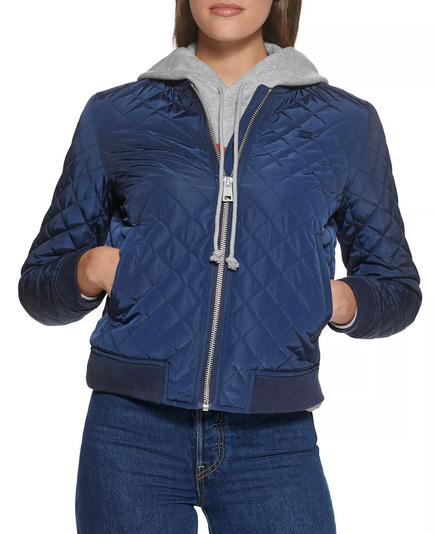 Women's Diamond Quilted Casual Bomber Jacket - Navy - XS