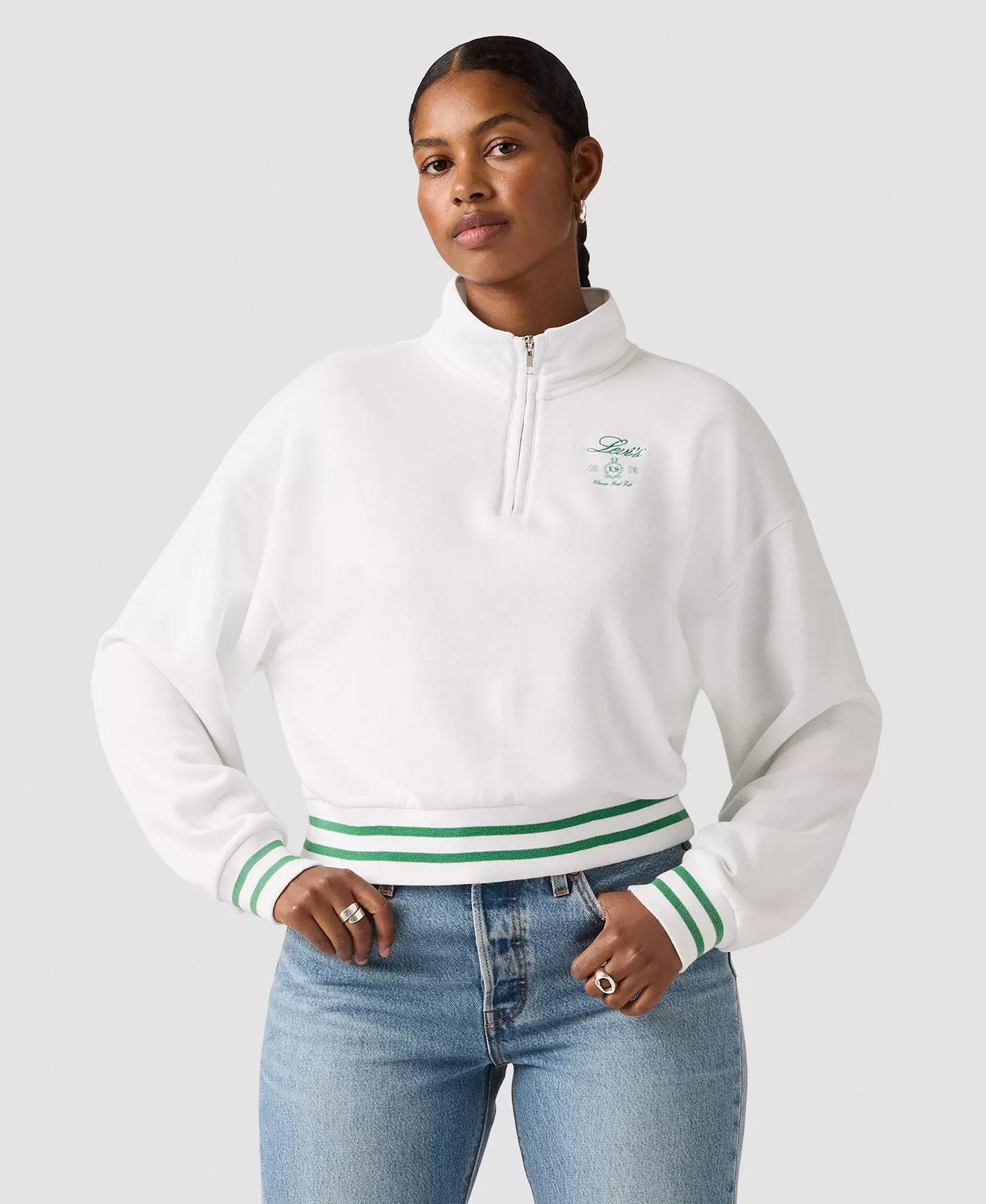 Women's Crewneck Long-Sleeve Top - 1/4 Zip Crest Levis Bright White - L