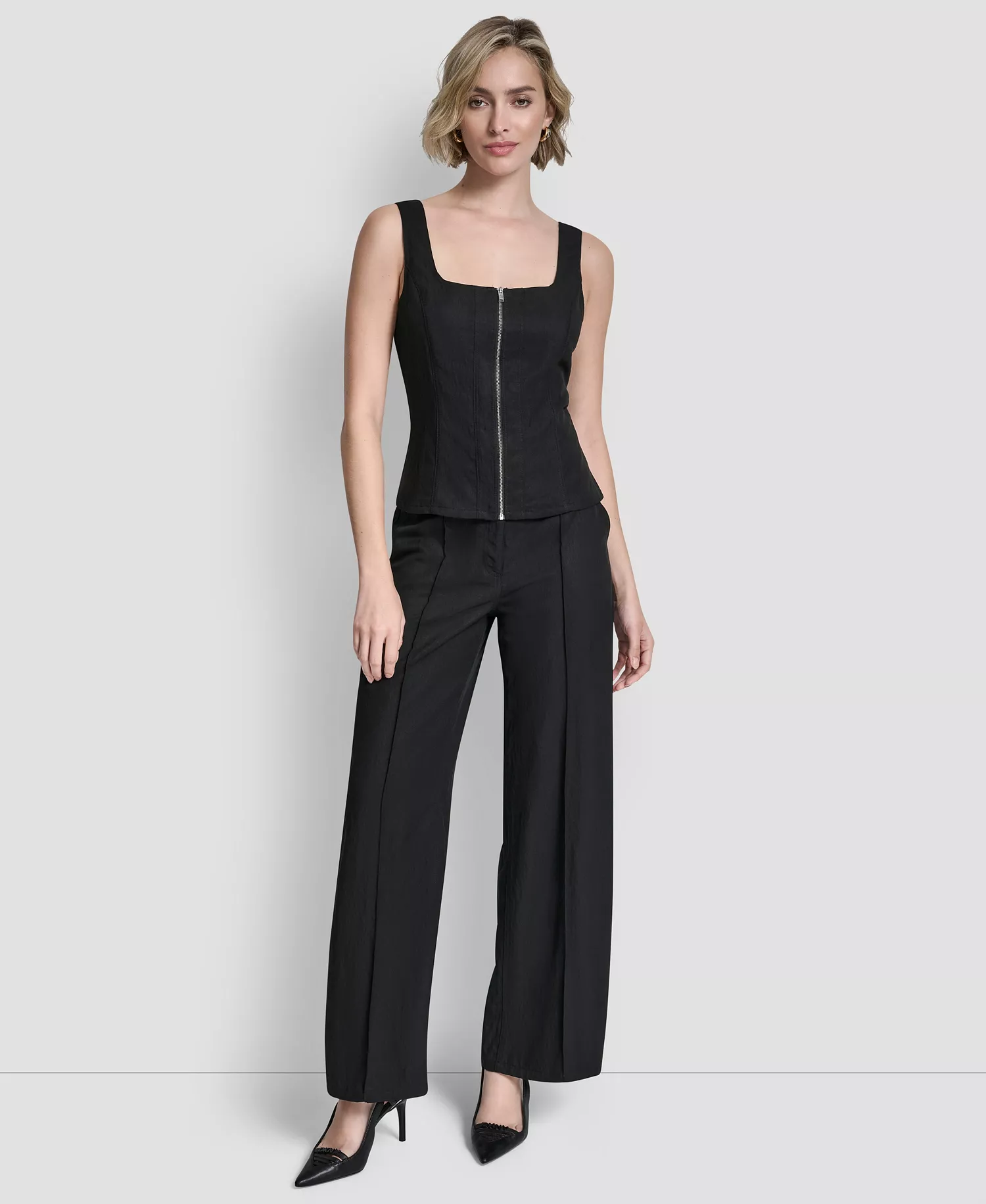 Women's Long-Sleeve Blazer, Belted Front Seam Twill Pants, and Sleeveless Zipper Corset Top - Black - L