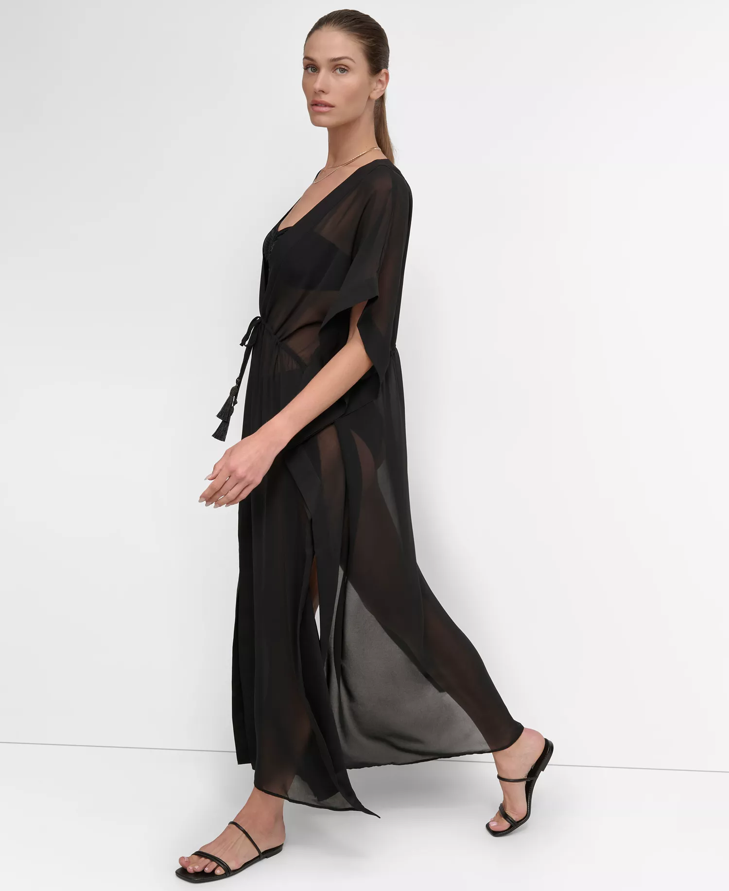 Women's Tie-Front Cover-Up Kaftan - Black - L