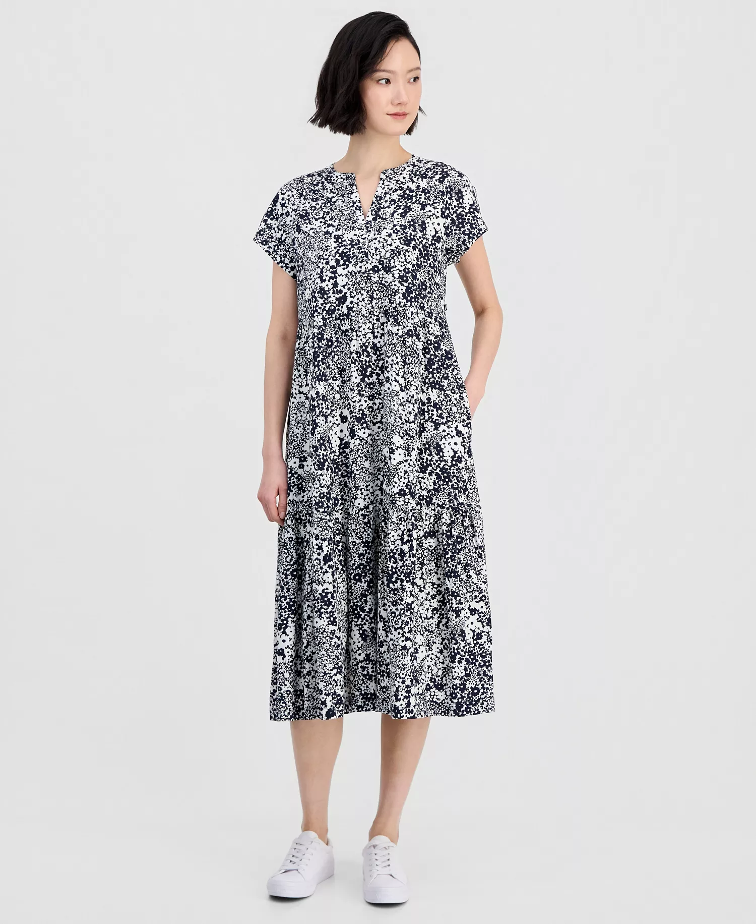 Jeans Women's Shadow Floral Tiered Midi Dress - Night Sky/ Ivory - L