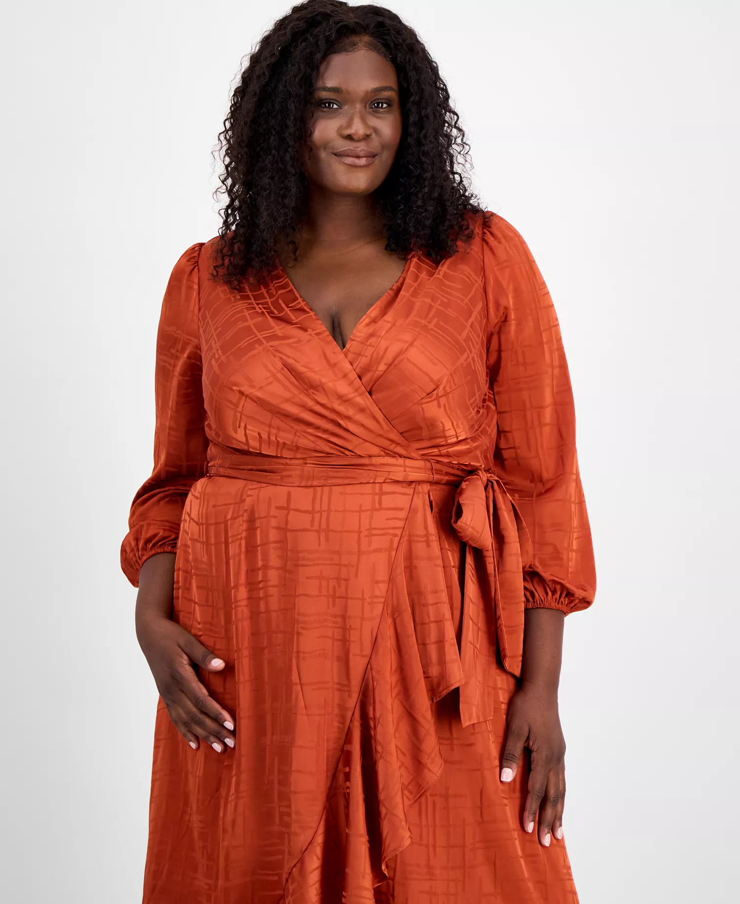 Plus Size Surplice V-Neck Belted Midi Dress - Persimmon - 14W