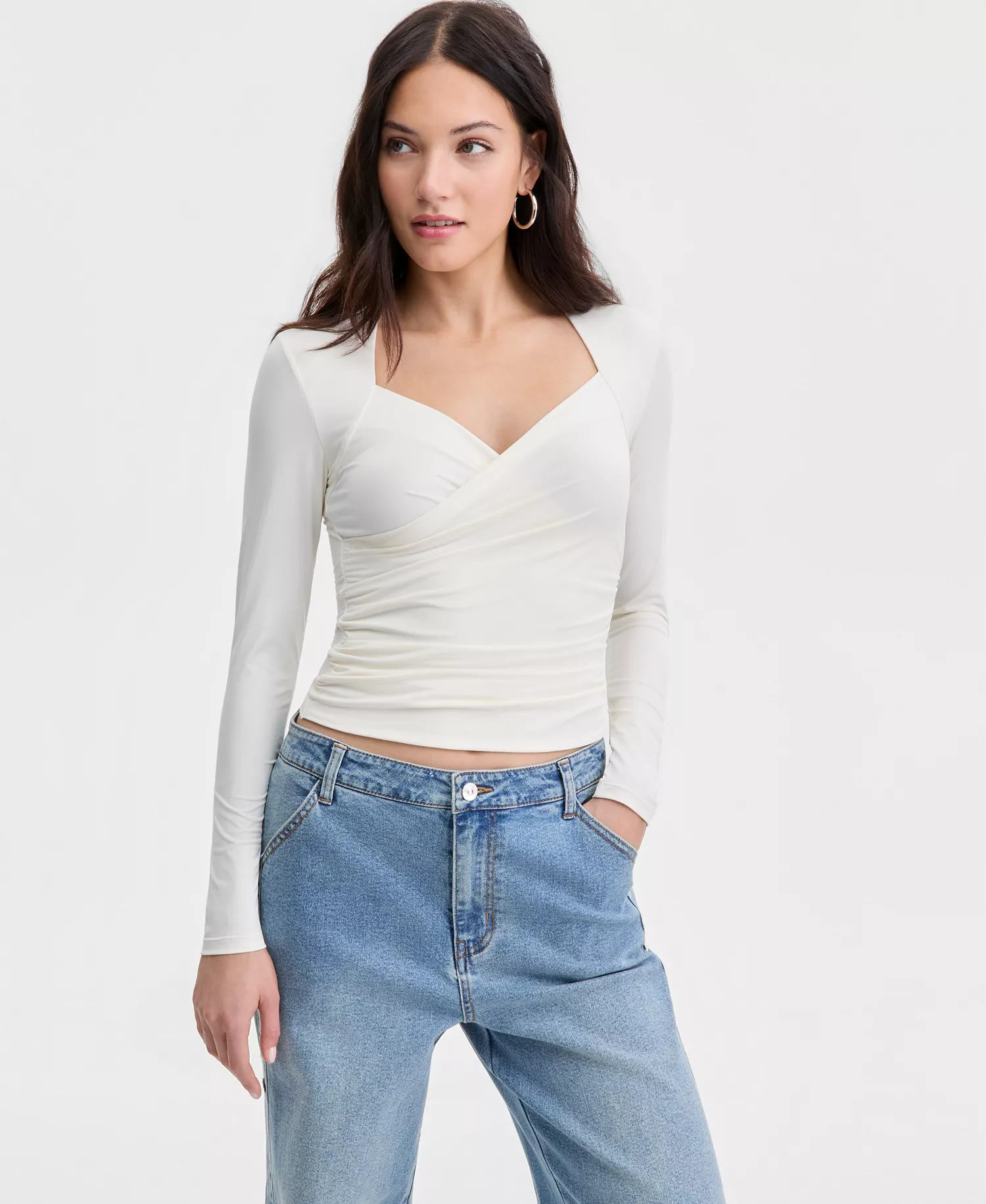 Women's Long-Sleeve Sweetheart-Neck Knit Top, Macy's Exclusive - Crema - L