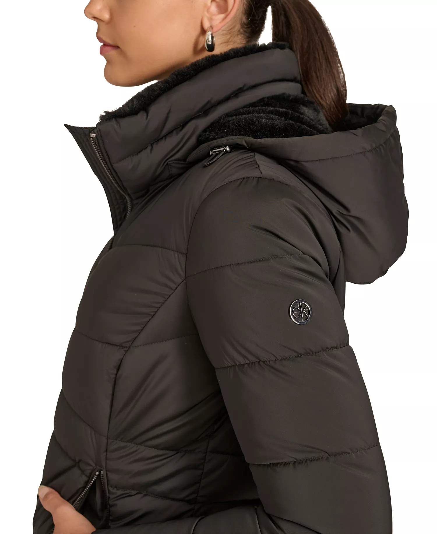 Women's Faux-Fur-Lined Hooded Puffer Coat - Black - L