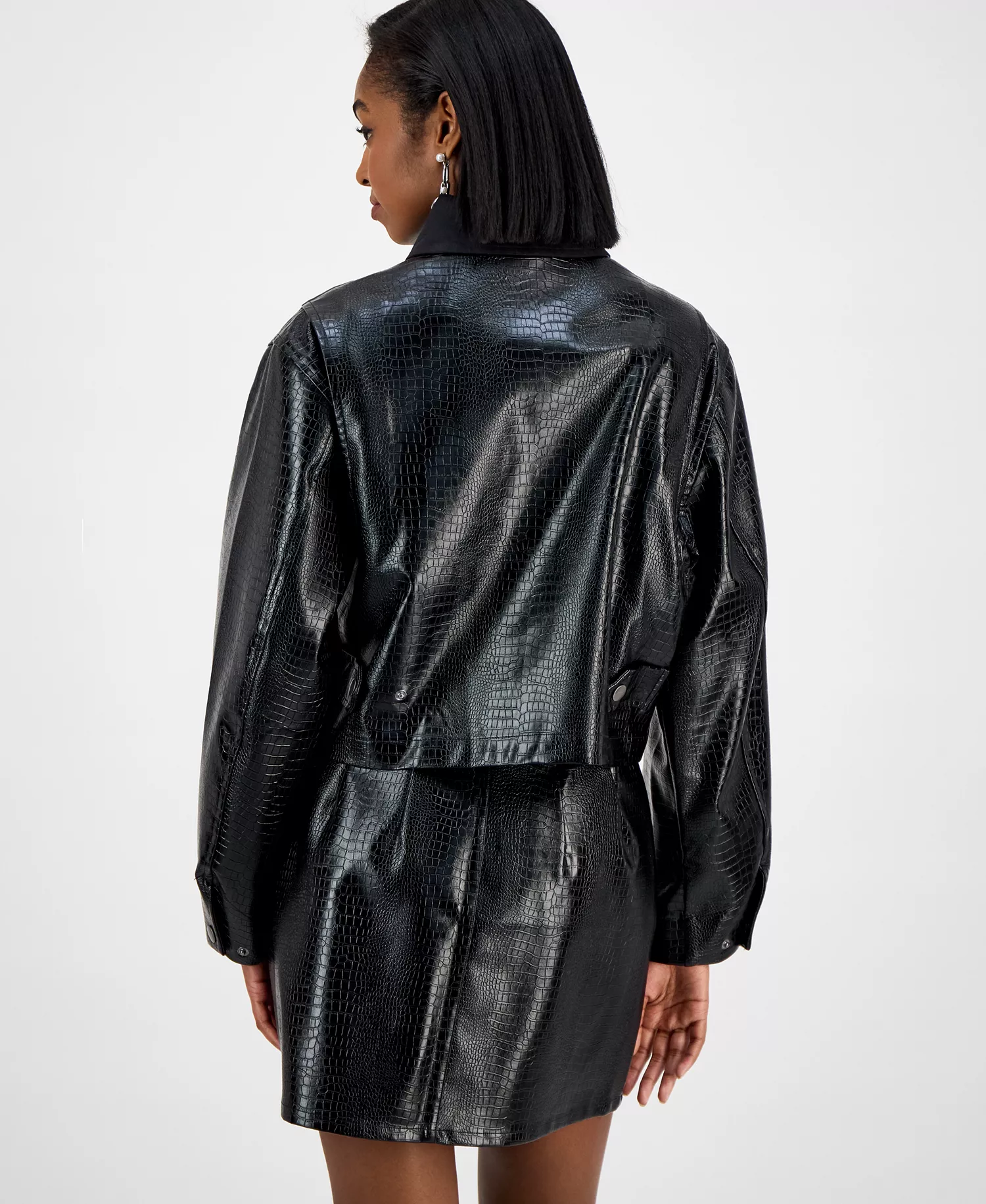 Women's Embossed Faux Leather Cropped Jacket, Macy's Exclusive - Deep Black - M