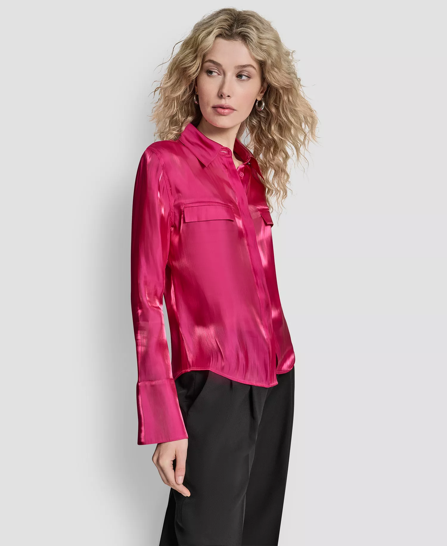 Women's Single Button Long Sleeve Blazer, Printed Long Sleeve Top and Pintuck Fit and Flare Trousers - Fuchsia - M