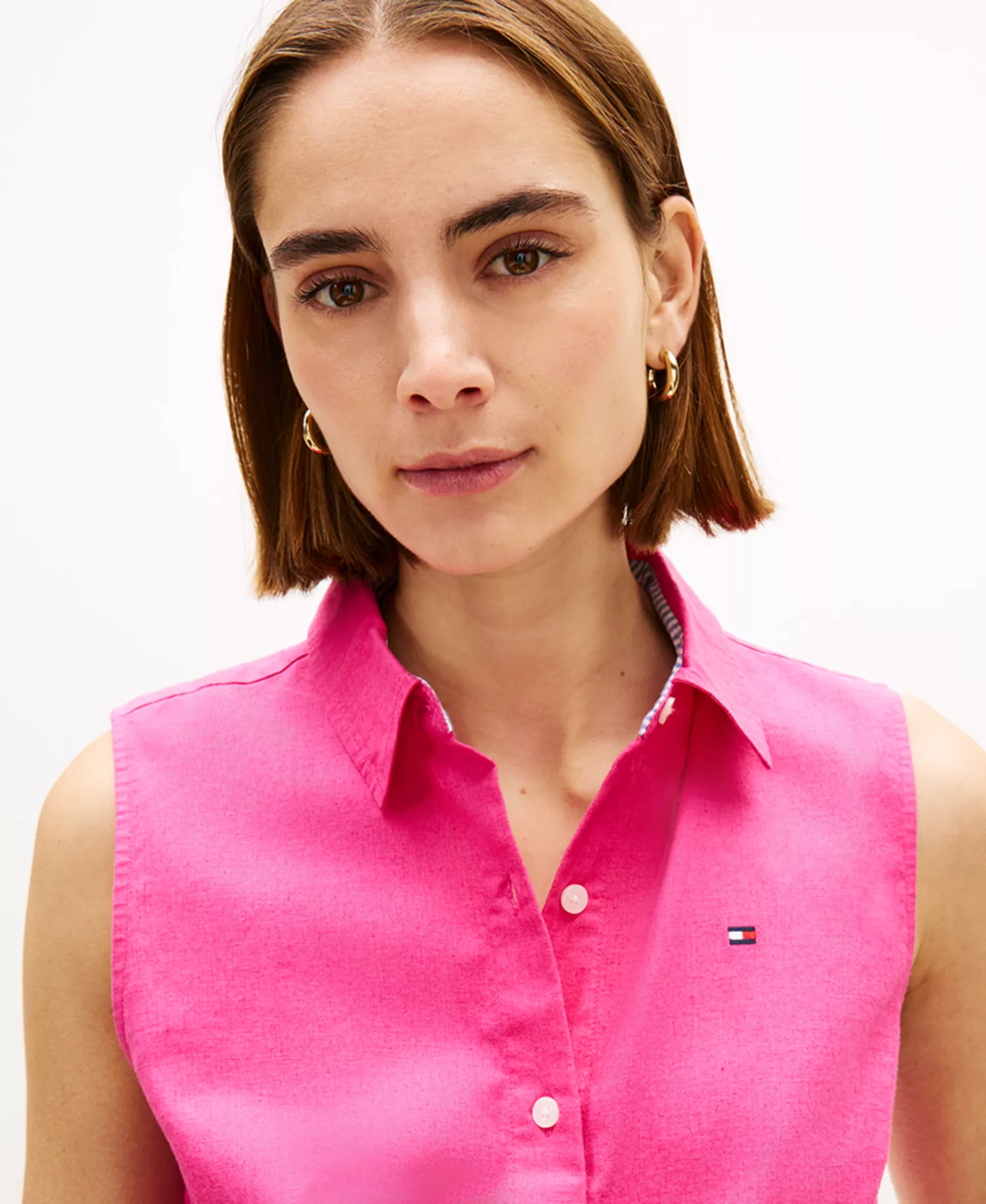 Women's Linen Knotted Collared Top - Pink - L