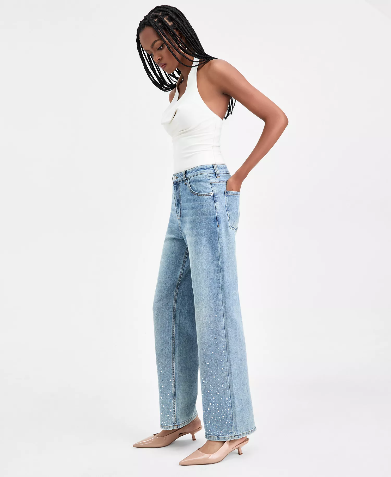 Women's Rhinestone Embellished Wide-Leg Jeans, Macy's Exclusive - Light Wash - M