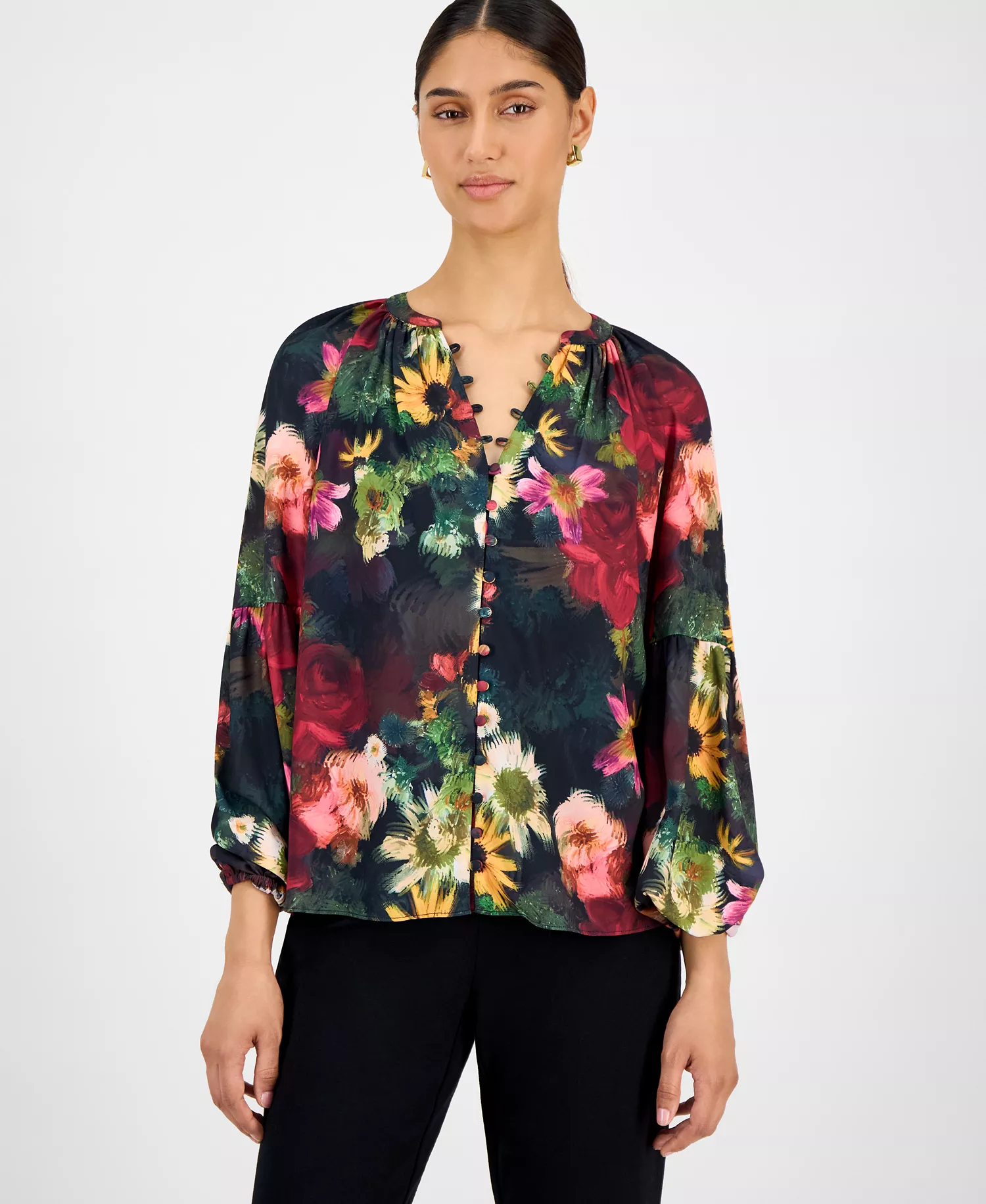 Women's Floral Split-Neck Blouse - Midnight Garden - M