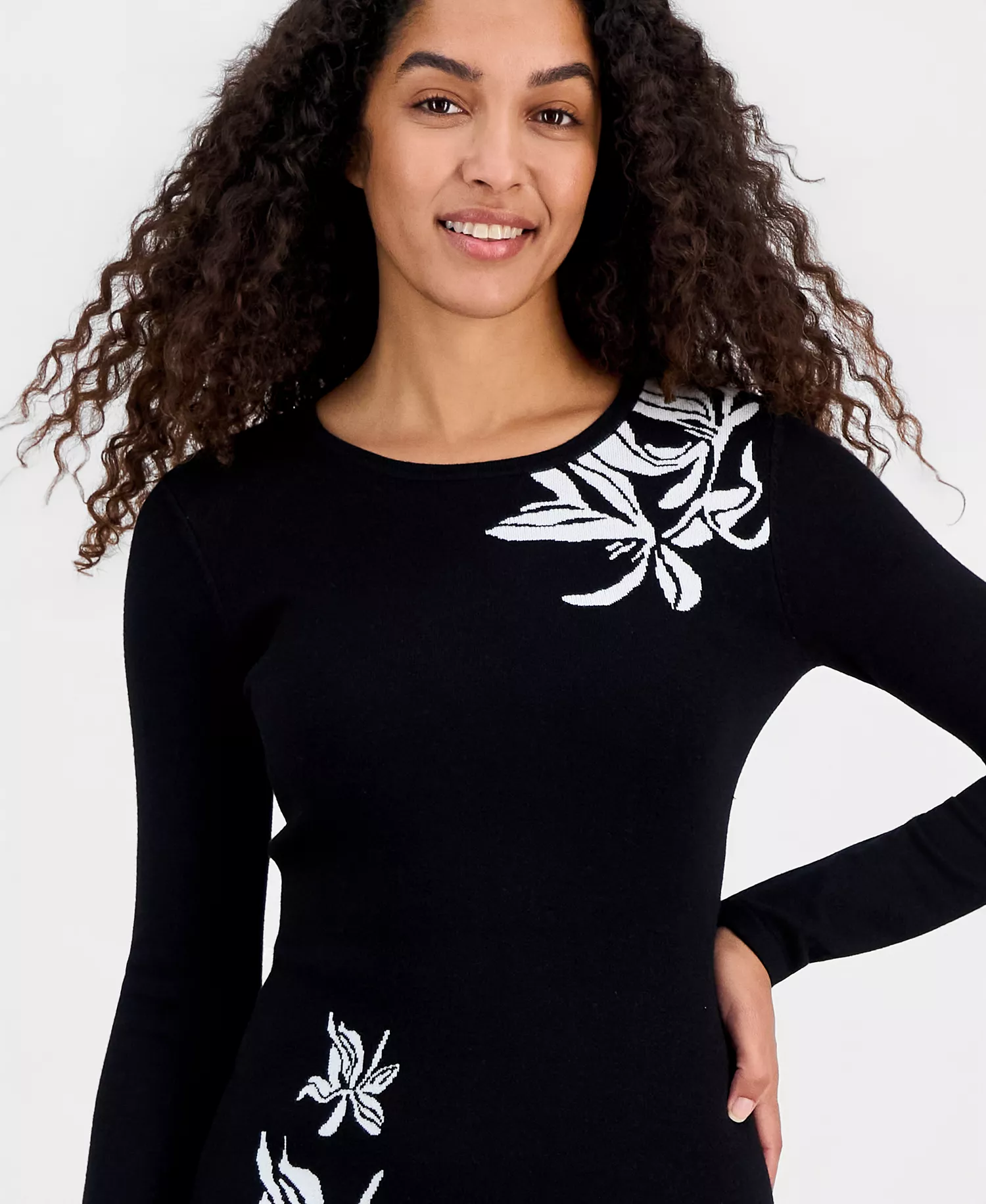 Women's Jacquard Florals Fit & Flare Sweaterdress - Black / White - L