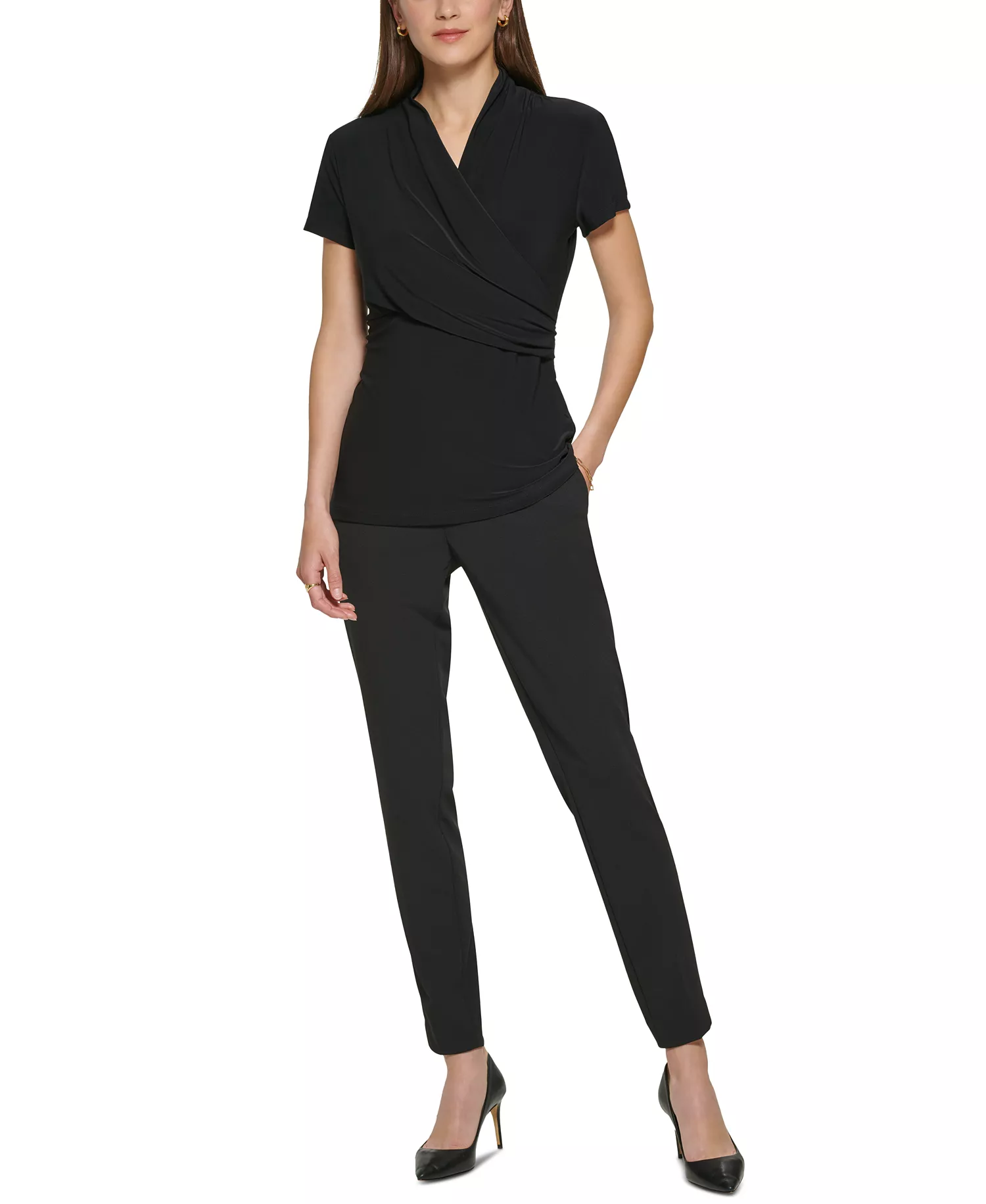 Petite Draped Surplice Blouse, Created for Macy's - Black - PL