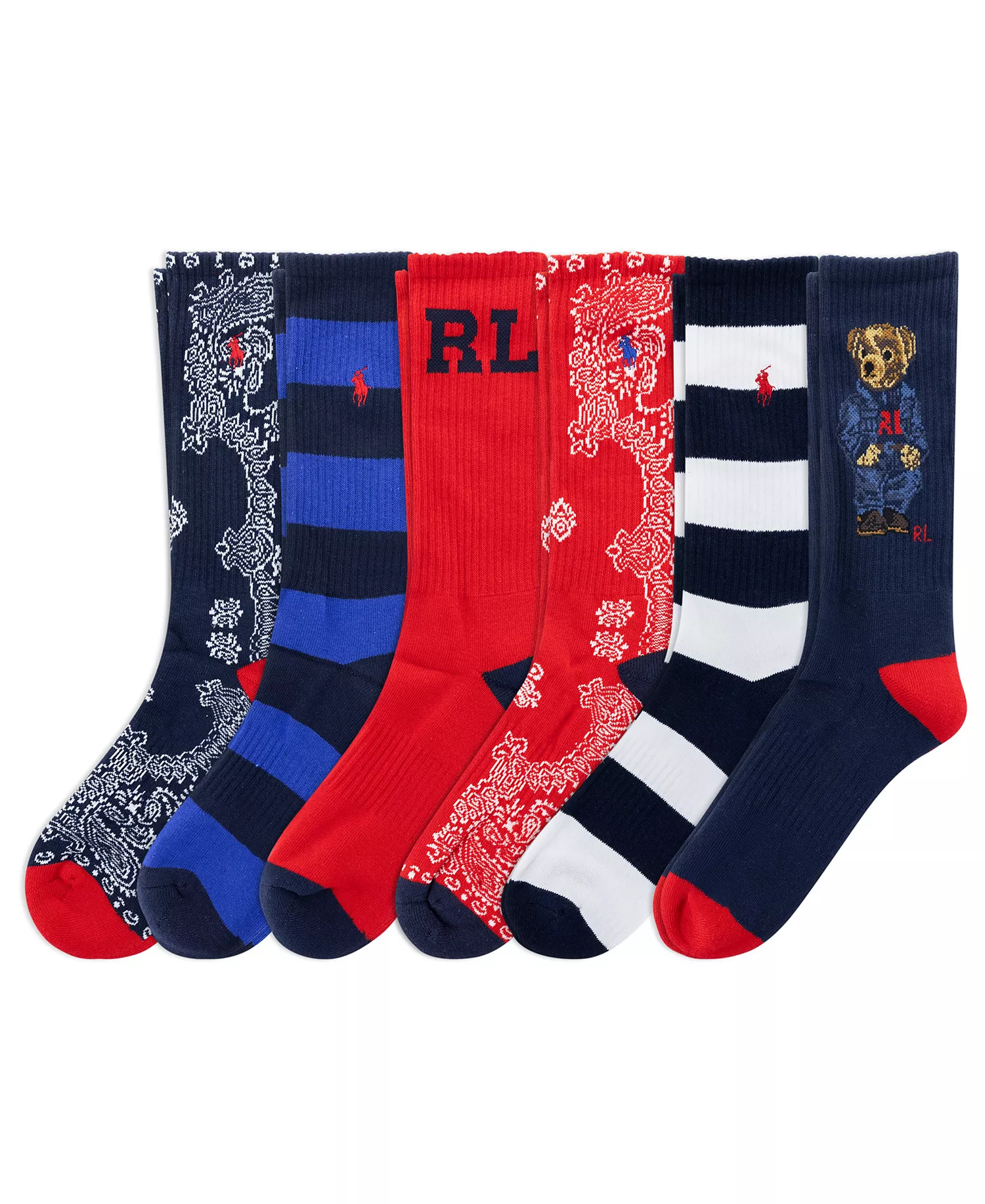 Men's 6-Pack Bandana Bear Crew Socks - Nvast - 7-12